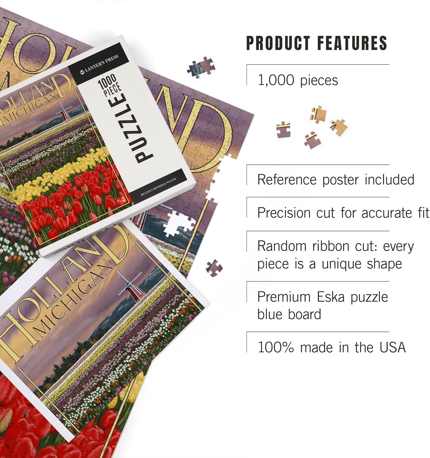 Lantern Press Holland, Michigan, Tulip Fields 1000 Piece Jigsaw Puzzle for Adults, Made in USA with Reference Poster