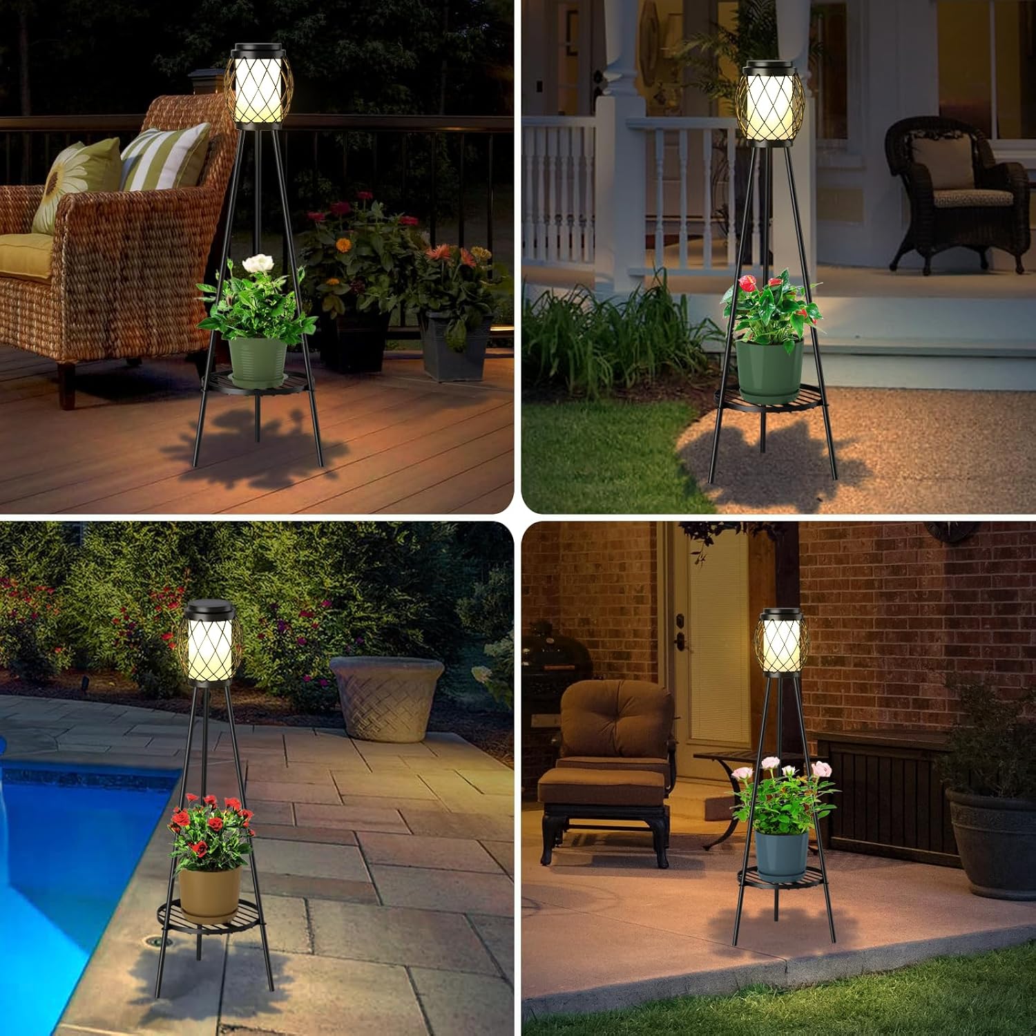 Solar Lights Outdoor with Plant Stands 2 Pack, Solar Floor Lamp Metal Tripod Patio Lights for Garden Yard Pathway Driveway Front/Back Porch Decoration-B- 2Pack Black - Single shelf