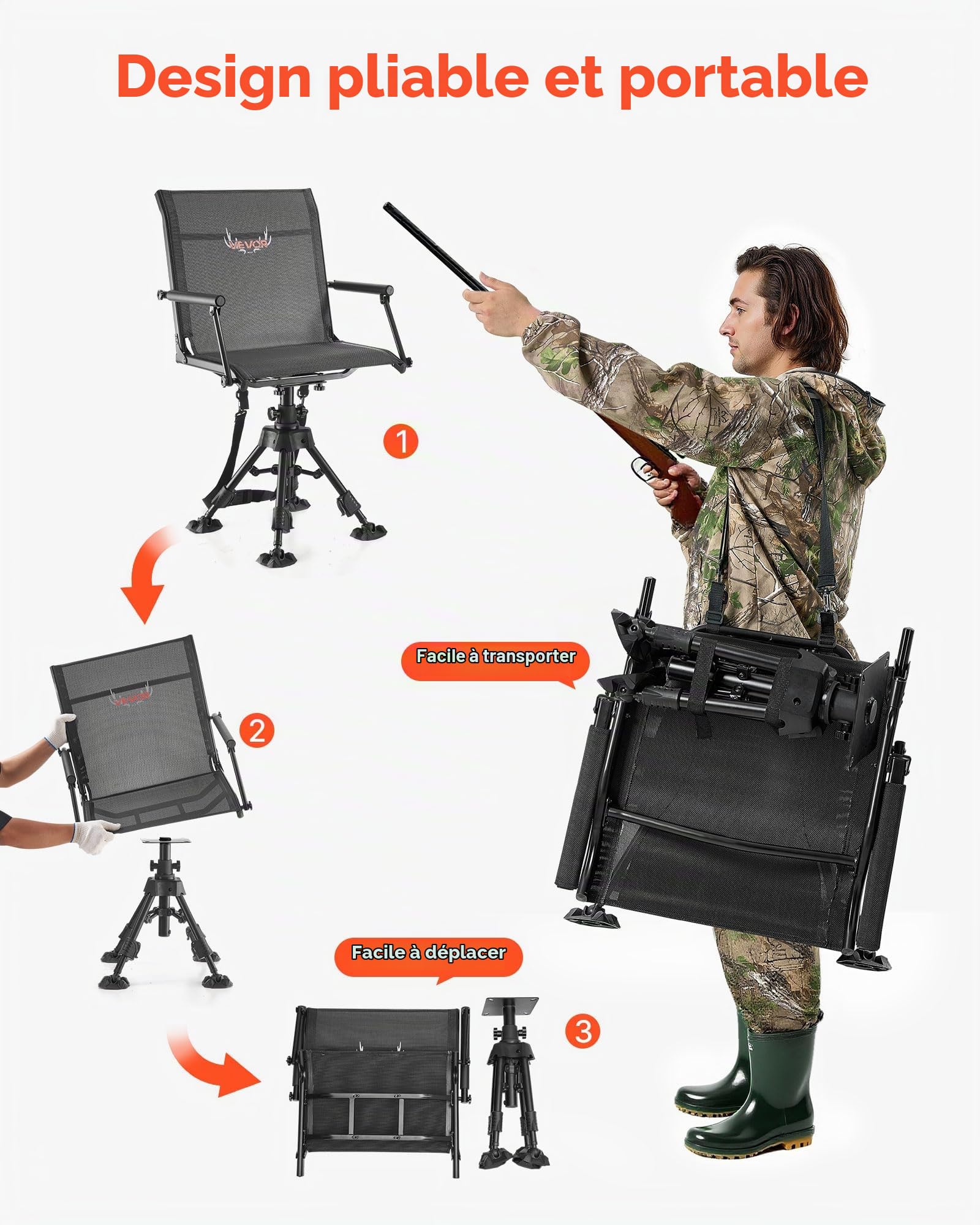 VEVOR Chaise de Chasse Silencieuse Pivotante à 360°, Siège de Chasse Pliable et Portable, Cadre en Acier Robuste, avec Accoudoirs, Pieds Anti-enfoncement, Hauteur Réglable, pour Pêche Camping