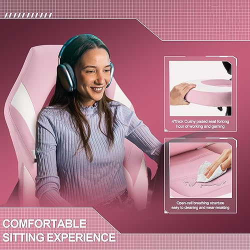 Miniatura 6 de Silla ergonómica de escritorio para juegos de computadora, piel sintética con soporte lumbar ajustable y reposacabezas, reposabrazos abatibles,