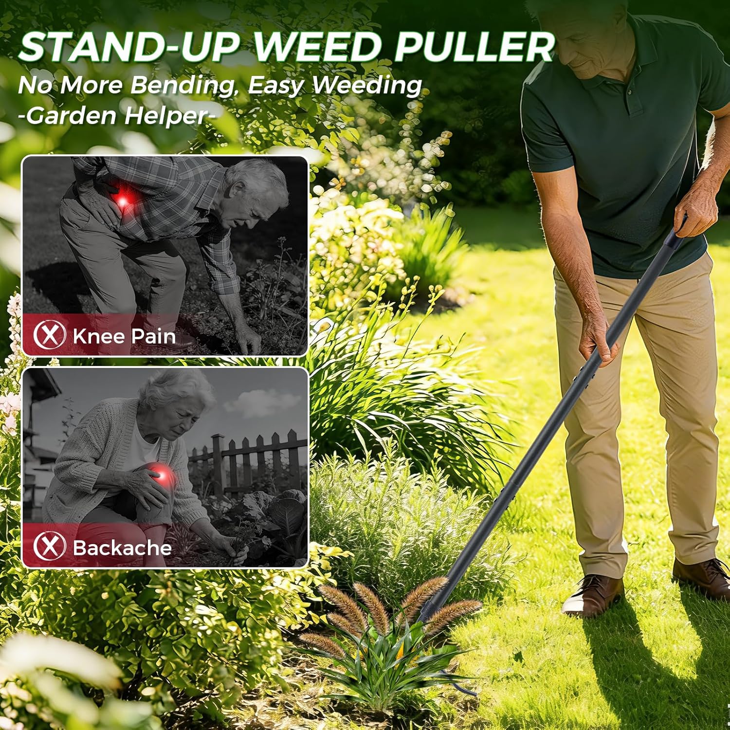 Stand Up Weed Puller Tool, 46" Adjustable All-Metal Long Handle Weeder with 4-Claw Steel Head, Remove Weeds by Roots Without Bending or Kneeling, Heavy Duty Garden Tool Back & Knee Friendly