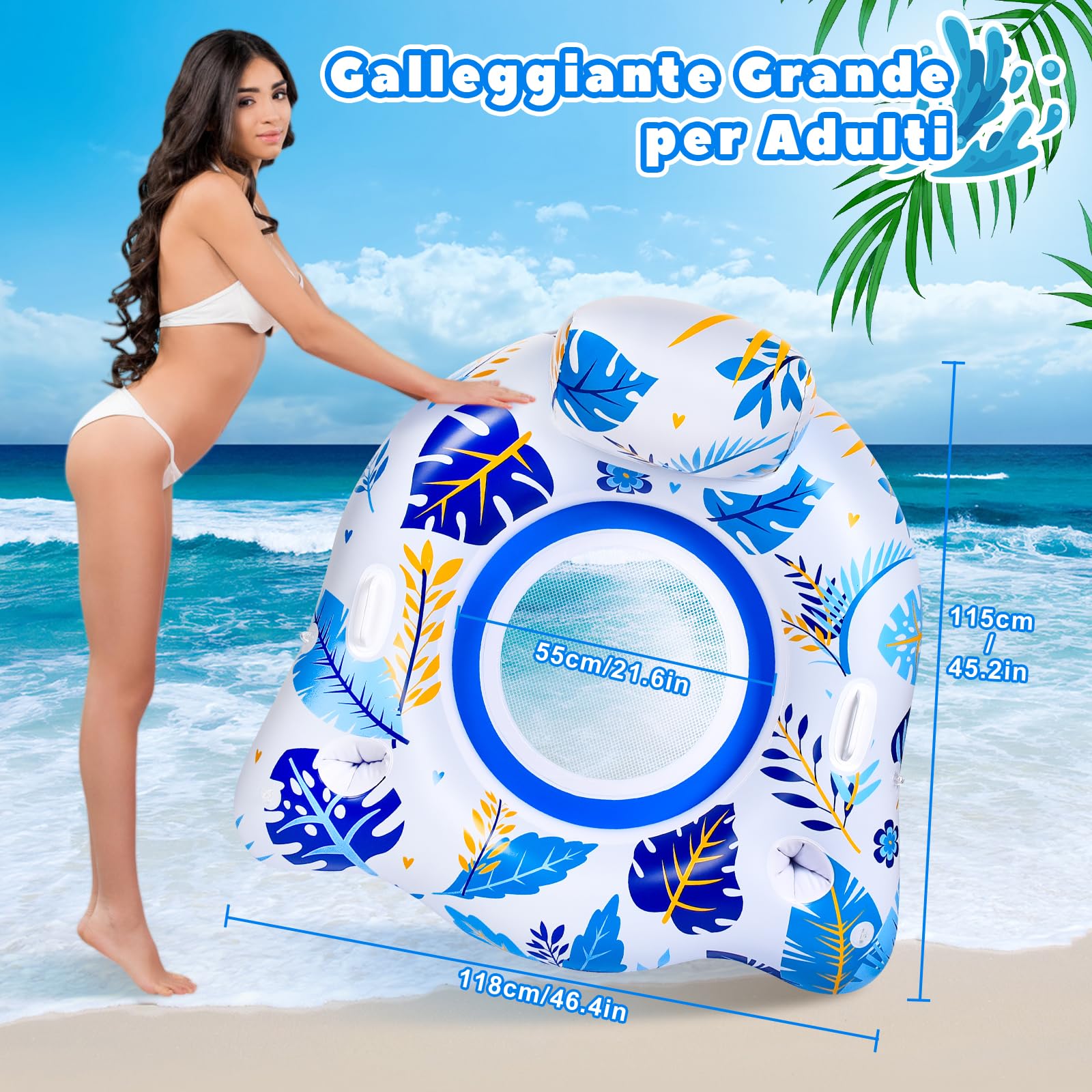 JONRRYIN Gonfiabile Piscina Adulti con Parasole Rimovibile, Galleggiante da Piscina, Sedia Galleggiante Piscina Adulti con Portabevande e Schienale e Bracciolo per Esterni, Spiagge, Piscine, Laghi