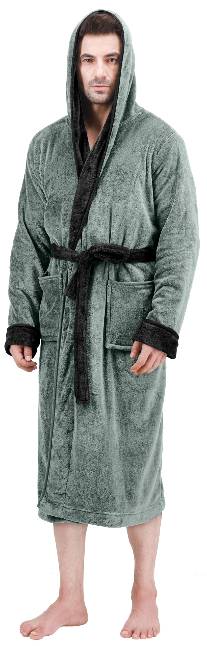 NY Threads Mens Hooded Fleece Bathrobe Plush Long Spa Robe Pack of 1, Small/Medium, Steel Grey and Black