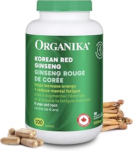 Organika Canadian-Made Korean Red Ginseng - 6 Year Old Roots, Energy Support, Stress Support, Warming Effect- 200caps