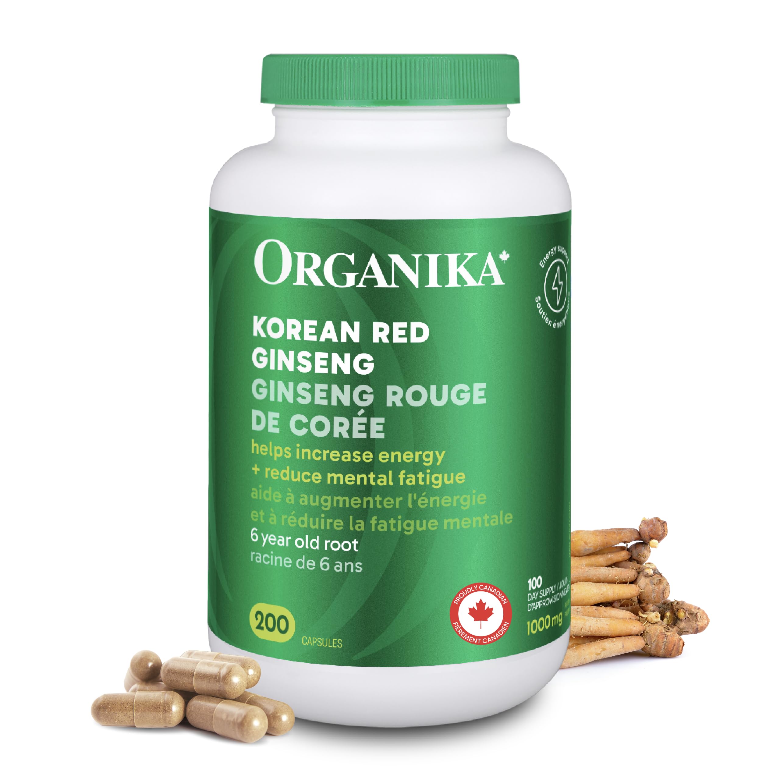 Organika Canadian-Made Korean Red Ginseng - 6 Year Old Roots, Energy Support, Stress Support, Warming Effect- 200caps