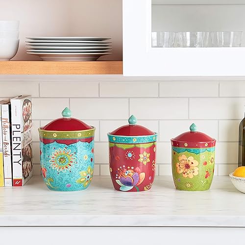 Miniatura 5 de Tunisian Sunset - Juego de recipientes de cerámica de 3 piezas  Coloridos tarros florales de almacenamiento de cocina con tapas, incluye 104 onzas,