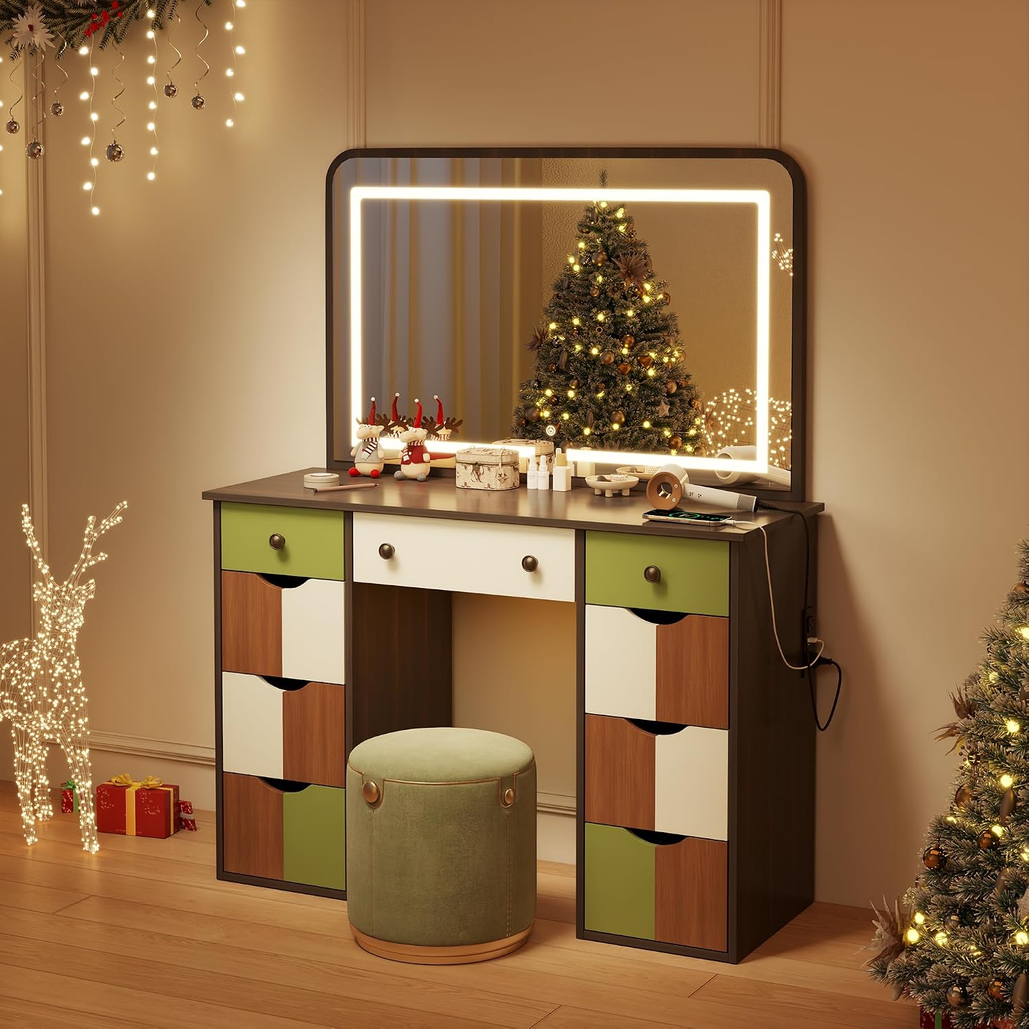 wanan Makeup Vanity Desk with Mirror and Lights, Wood Vanity Table with Power Outlet, Boho-Chic Makeup Desk with 7 Drawers, Bedroom Dressing Table for Women & Girls (Black Walnut)