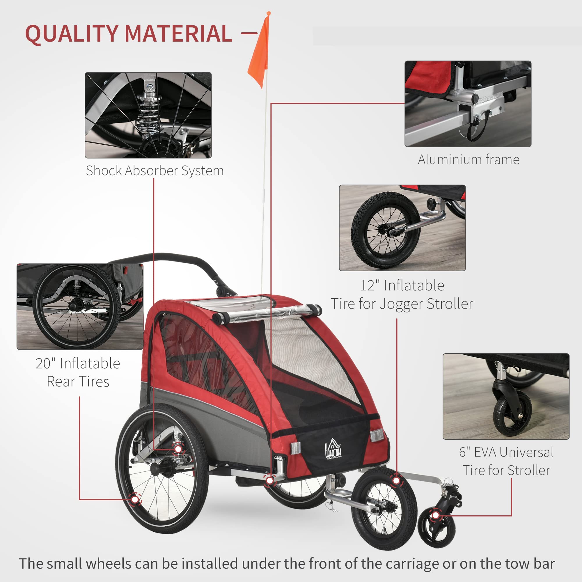 HOMCOM 3 in 1 Kinderanhänger Aluminium Kinder Jogger Fahrradanhänger Radanhänger für 2 Kinder mit Schwingungsdämpfungssystem Aufbewahrungstasche Verstellbarer Lenker