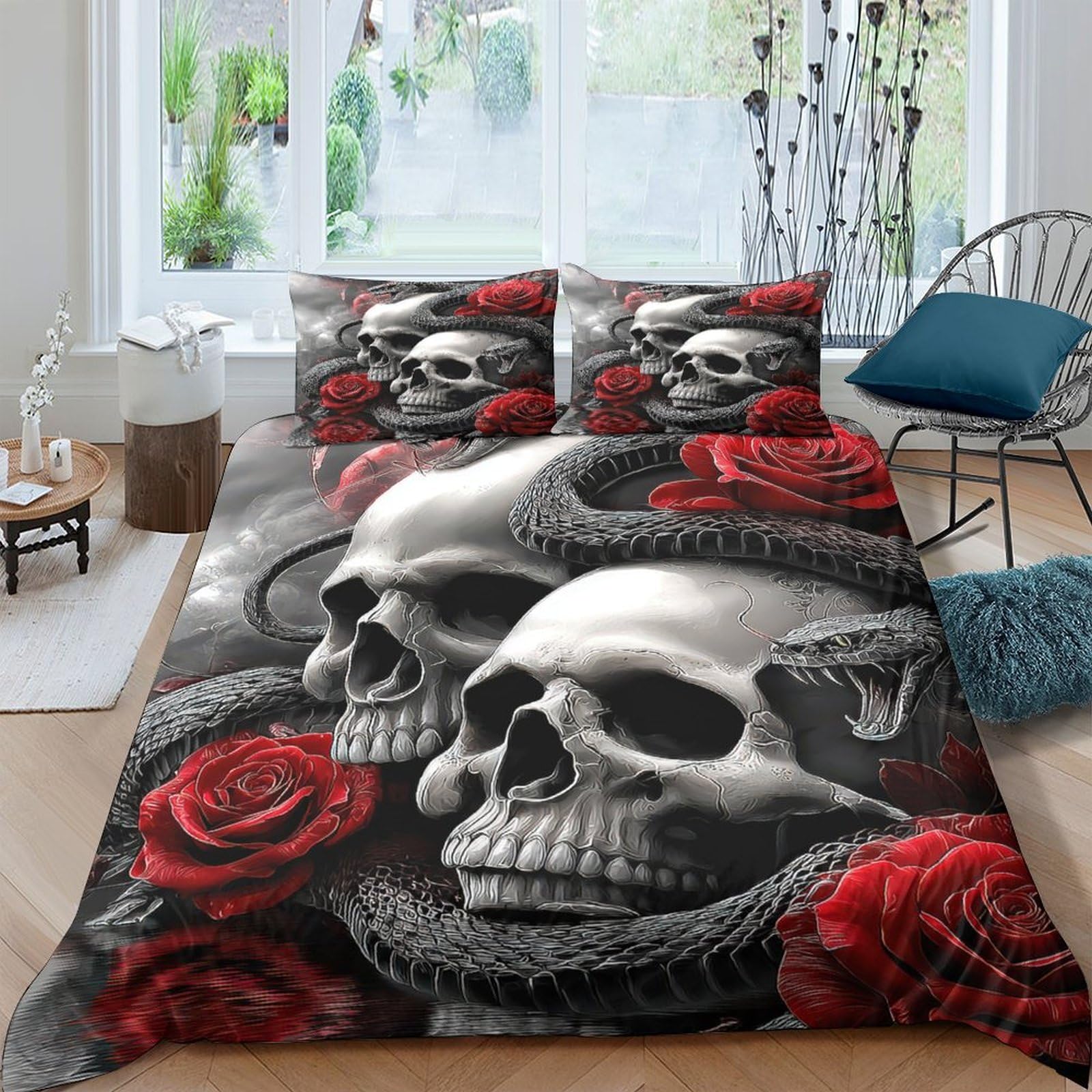 Ctjqhvkz Style-6 3D Printed Skull Rose Fitted Sheet Microfiber Soft Black Red Snake Bed Cover For Bedroom Dorm Mattress Protection Decor Single（135X200cm）