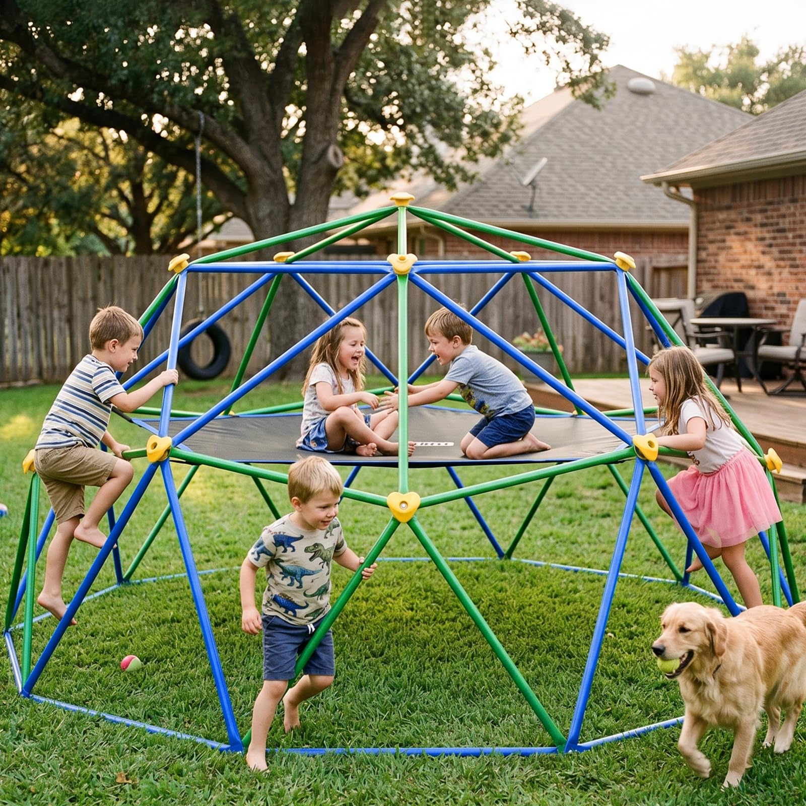 Gardenature 10FT Climbing Dome with Hammock, Outdoor Jungle Gym for Kids, Geometric Dome Climber Supporting 880 Lbs Anti-Rust Metal Outdoor Play Structure ASTM Approved Blue &amp; Green