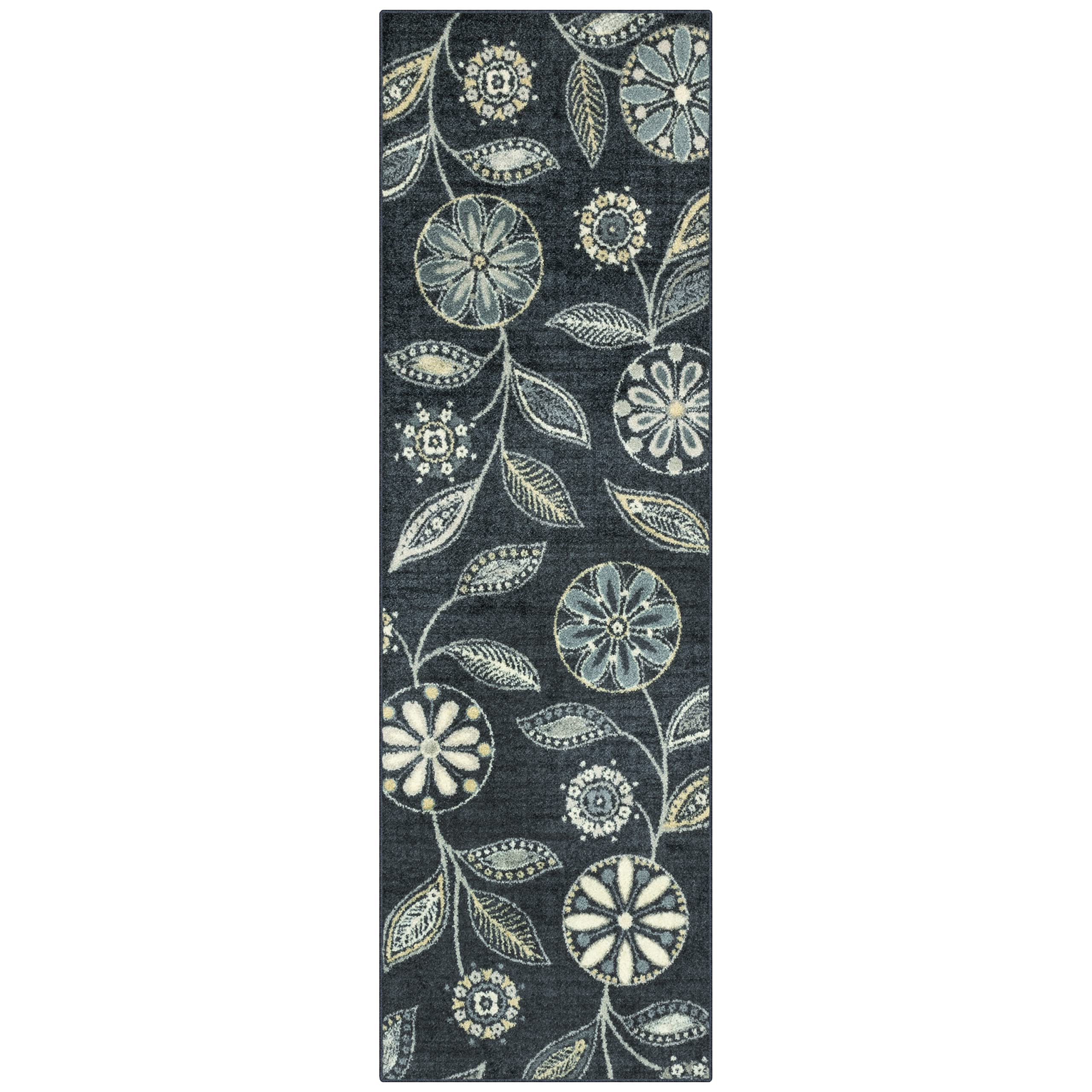 Maples Rugs Reggie Floral Runner Rug - Made in USA - Washable, Non Slip Indoor Carpet for Kitchen, Hallway, and Laundry Room, 2'6" x 8', Persian Blue