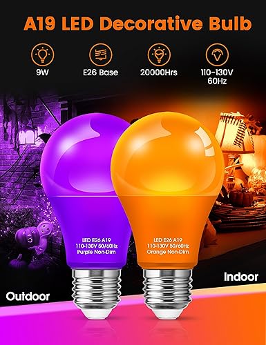 Miniatura 2 de Bombillas naranjas moradas (paquete de 4)  Bombillas LED A19 color naranja, bombillas moradas de 9 W (equivalente a 60 W), bombilla naranja con base