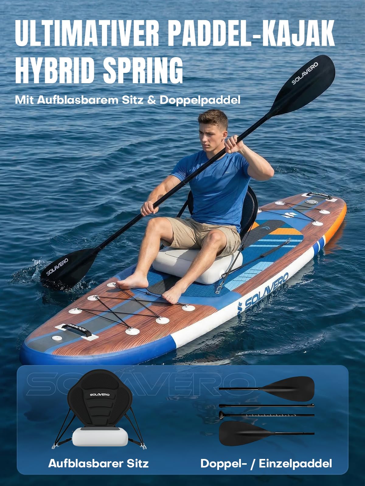 SOLAVERO Stand Up Paddling Board mit Sitz & Allem Zubehör, 350×89×15 cm | Verstellbares Doppelpaddel, Drop-Stitch PVC, Action-Cam-Halterung, für Anfänger, Familien & Touren, Extra Groß, bis 210kg