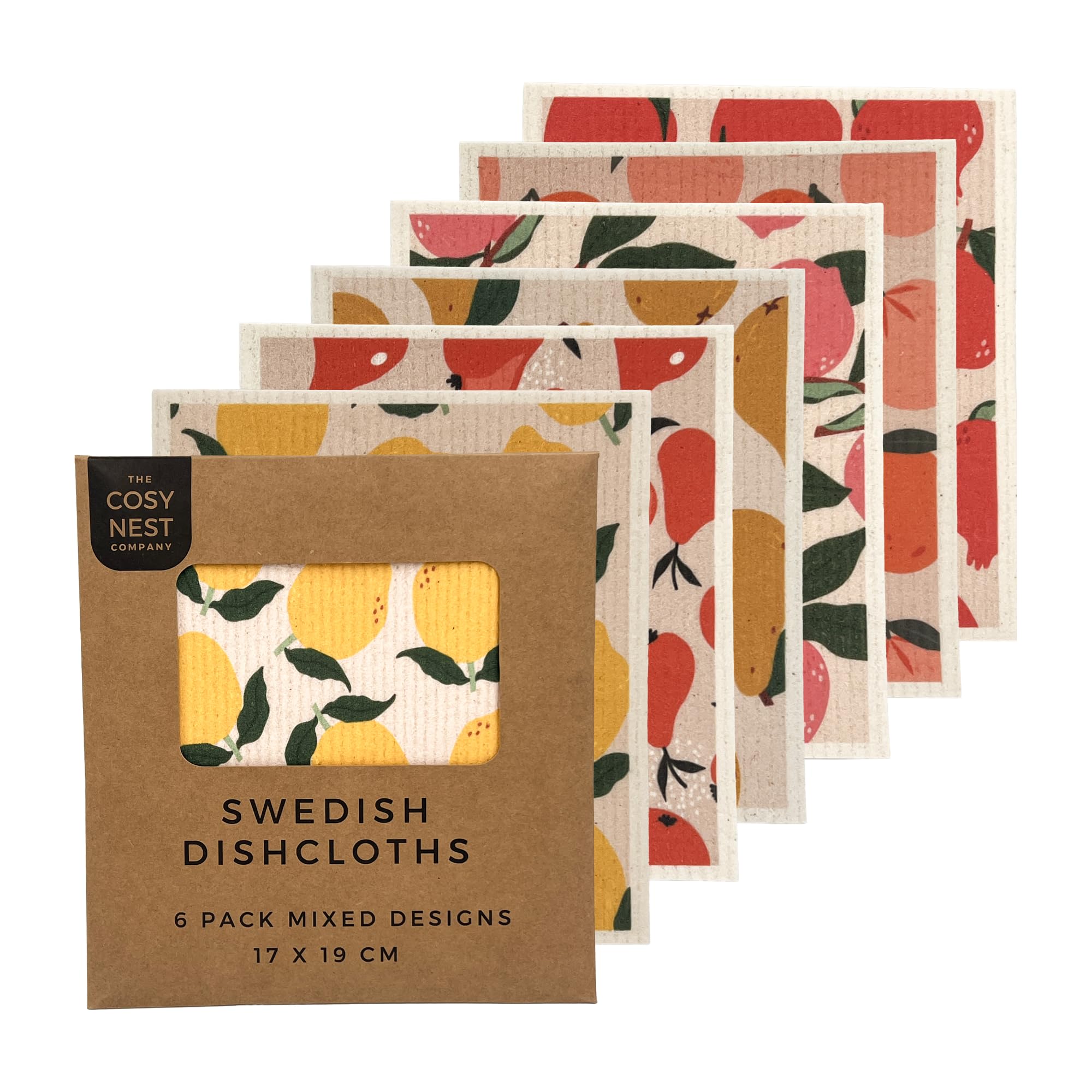 The Cosy Nest Company Swedish Dishcloths Pack of 6, Reusable Dish Cloths for Washing Up, Absorbent Sponge Cloths for Kitchen Cleaning, Eco Friendly Compostable Plastic Free, Fruit Design