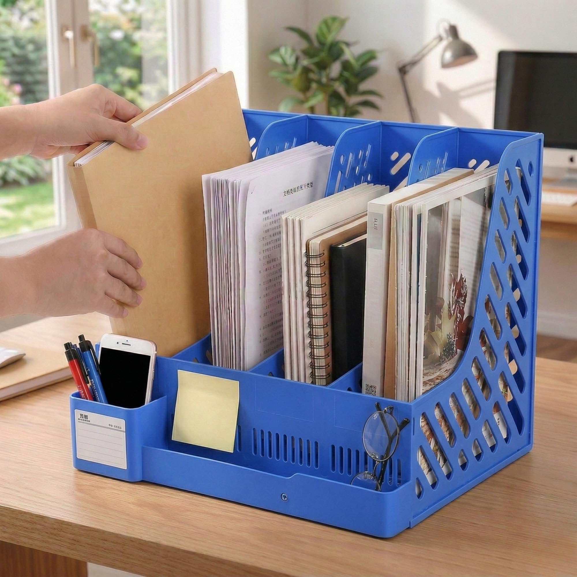 DaKos Organizer da scrivania multiuso – Portadocumenti a 4 sezioni, porta carta, portapenne e portariviste per ufficio (blu)