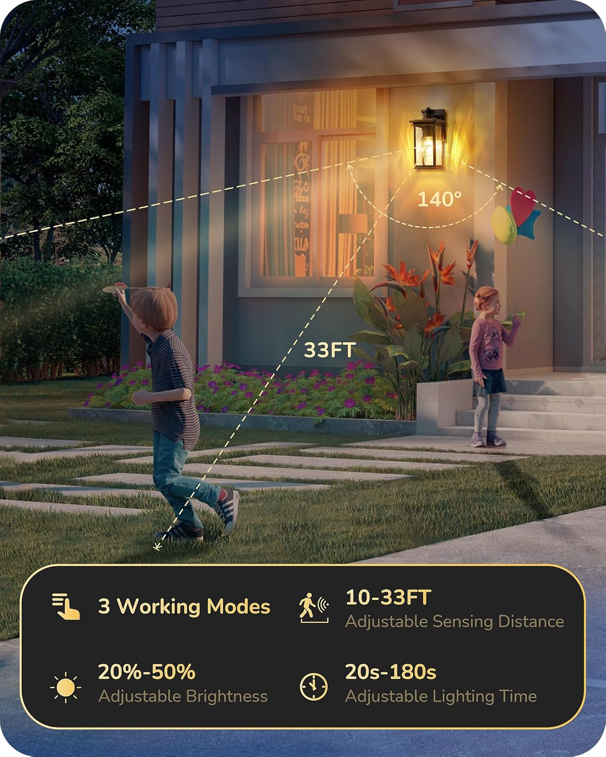 EDISHINE Motion Sensor Outdoor Light Fixtures Wall Mount, Dusk to Dawn Front Porch Light with Water Ripple Glass, Waterproof Outdoor Wall Lights for Door Garage Patio, 2 Pack