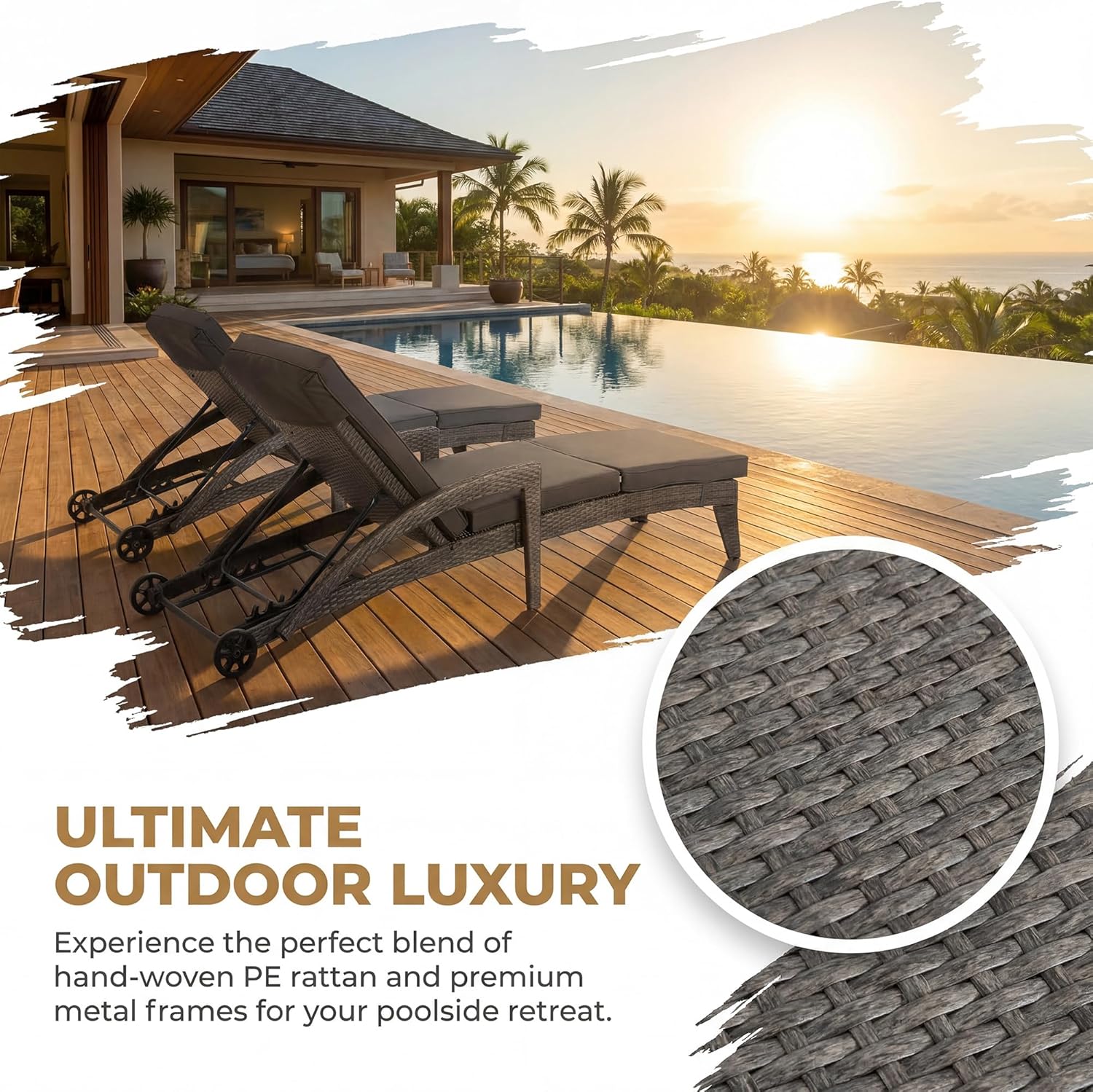 Chaise Lounge Chairs Set of 4, Upholstered 4-Positions Adjustable Lounge Chairs, Wicker Outdoor Long Reclining Chaise Lounge Set Pool Lounge Chairs with Wheels for/Deck/Beach/Yard, Grey