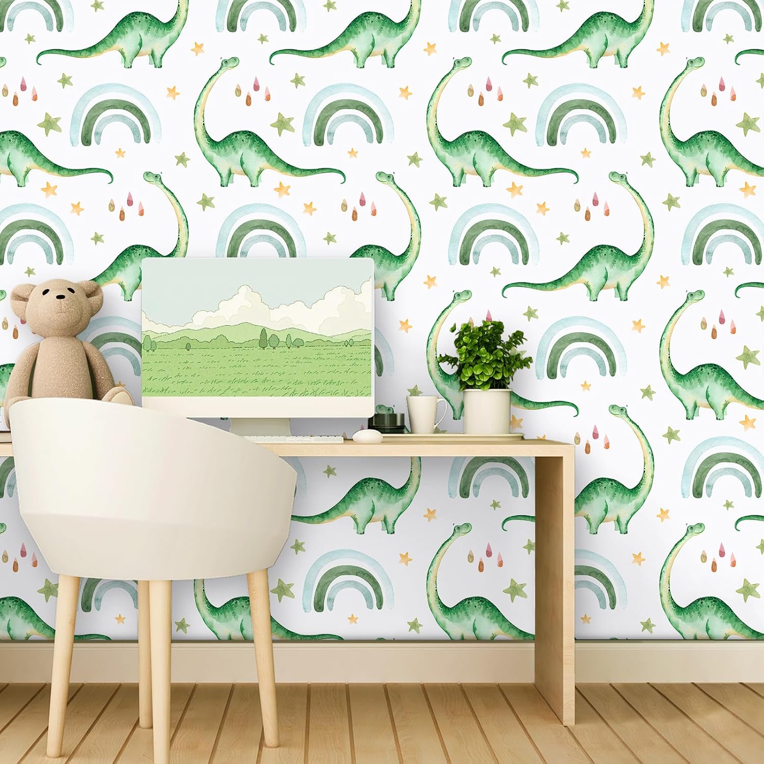 17.7"x160" Diplodocus Dinosaur Peel and Stick Wallpaper Green White Nursery Wallpaper for Bedroom Removable Self Adhesive Dinosaur Wall Decor Mural DIY Kids Contact Paper for Walls Playroom