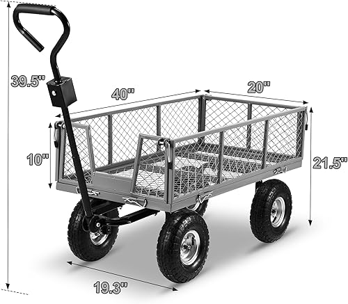 Miniatura 6 de Carrito de jardín de acero con lados extraíbles, carro utilitario resistente de 880 libras con enormes neumáticos todo terreno, carrito de carro con