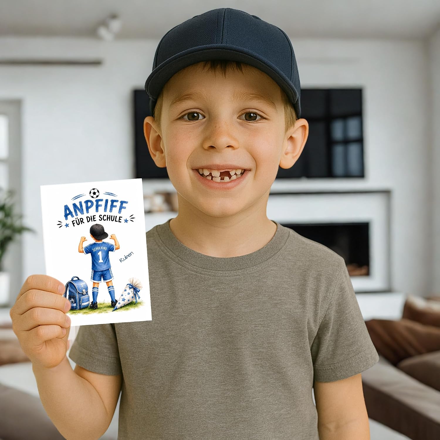 Fußball Einschulung Karte Junge mit Name blau – personalisierte Glückwunschkarte zum Schul - Analyse des détails et conception