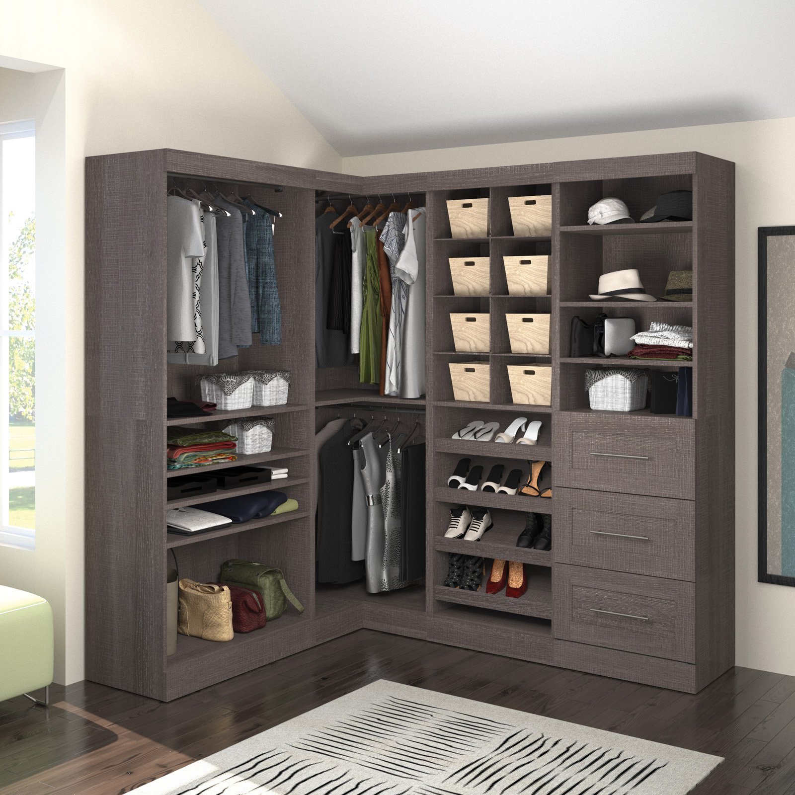 Bestar Walk-In Closet Organizer System 83-inch with Drawers for Bedroom, Entryway, Mudroom, Pur Collection, Modern, White