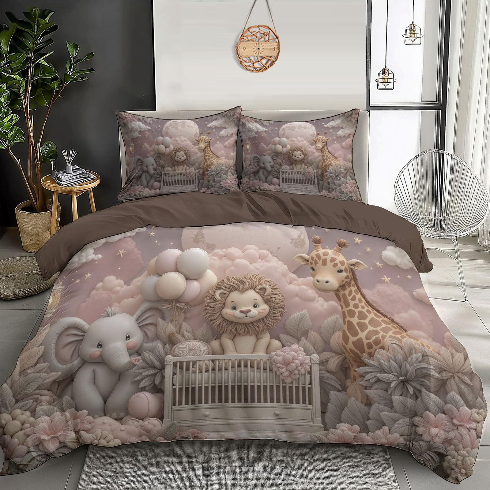 Parure de lit enfant rose clair 200x200cm avec housse de couette animaux