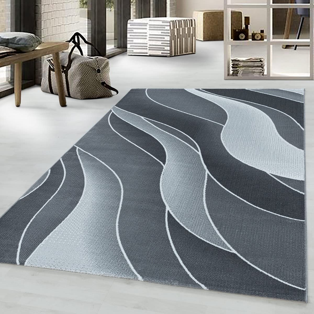 Tapis design 3D motif vagues gris 80 x 250 cm pour couloir moderne