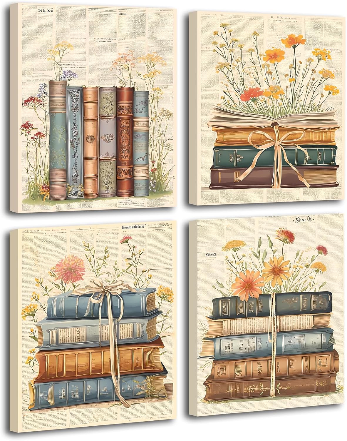 Vintage Book Canvas Decor Set of 4,Retro Reading Wall Art Prints,Framed Boho Wildflower Stack of Books Classroom Posters,Club Library Decor,Retro Reading Floral Wall Art（8x10in）