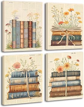 ZHAXFA Vintage Book Canvas Decor Set of 4,Retro Reading Wall Art Prints | Framed Boho Wildflower Stack of Books Classroom Posters,Club Library Decor,Retro Reading Floral Wall Art8x10in