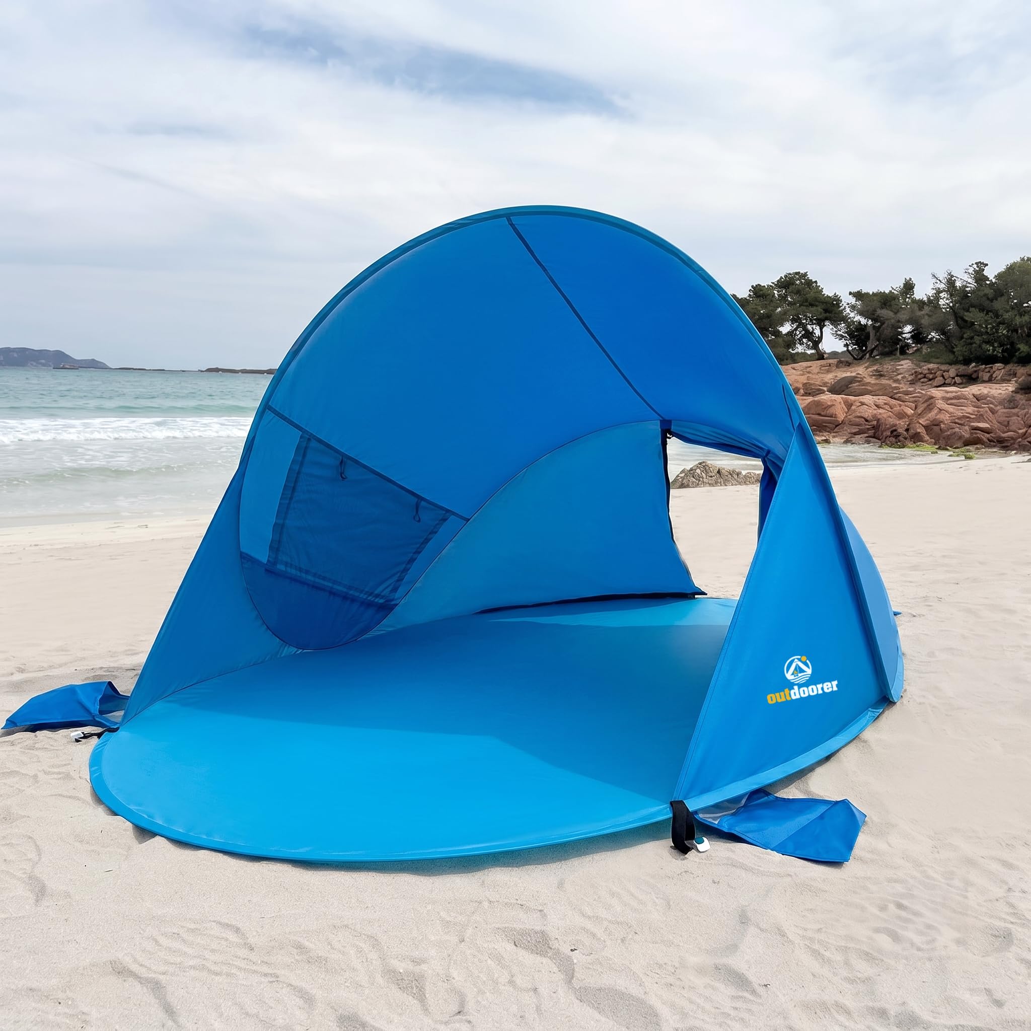 outdoorer Tente de plage Pop Up Beach Air UV 80, 245 x 145 x 100 cm, parfaitement ventilée, 2 fenêtres, 1 porte verrouillable, haute protection UV avec revêtement argenté, 2 adultes et 1 à 2 enfants
