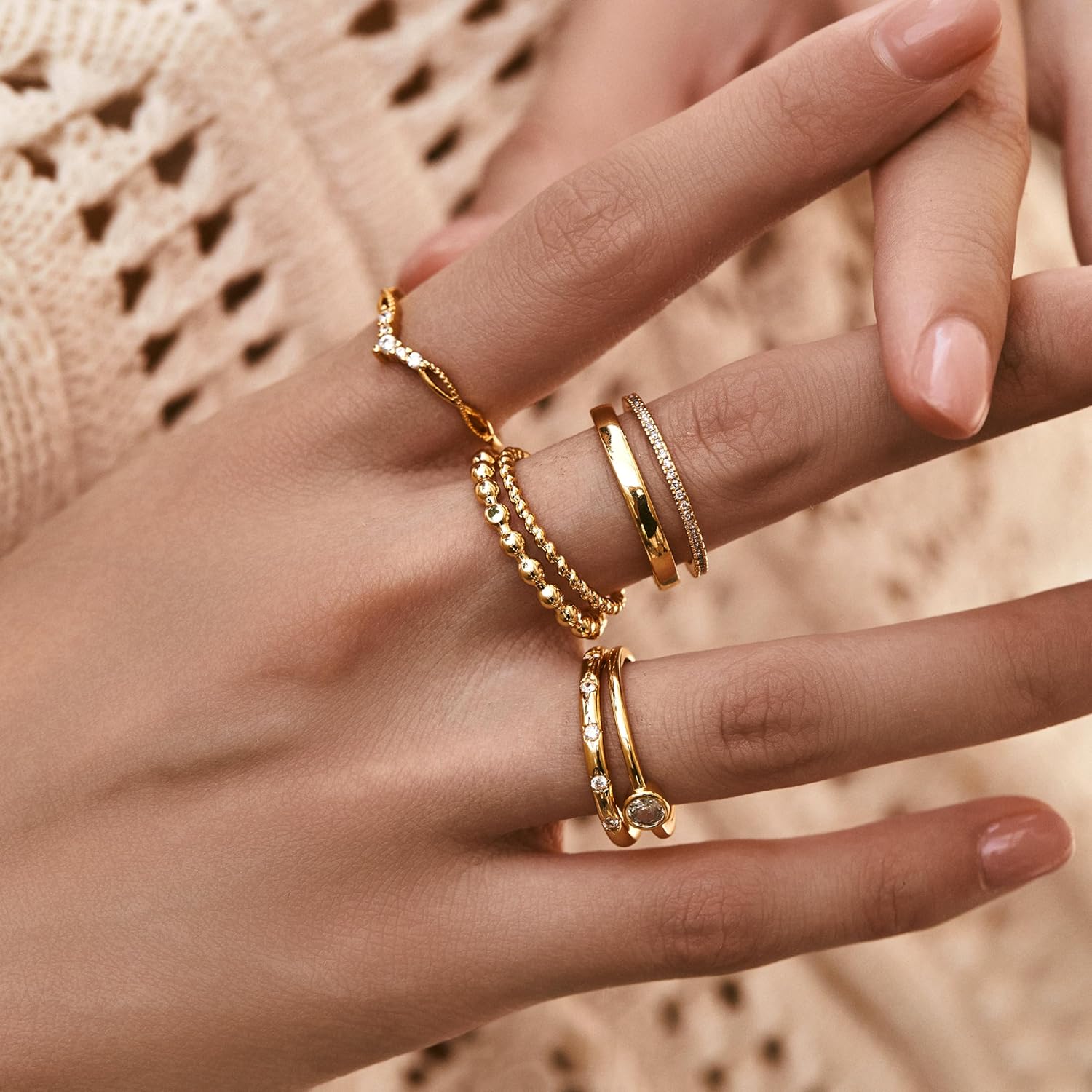 6PCS Stackable Gold Rings for Women Non Tarnish Trendy Dainty 14K Gold Filled Stacking Cubic Zirconia Thumb Ring Set Pack Statement Chunky Band Rings Promise Engagement Rings Size 6-10 - Image 4