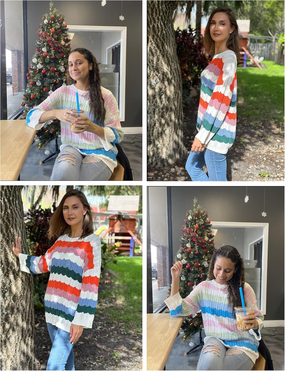 MISSKY Womens Off Shoulder Long Sleeve Sweater Color Block Wave Striped Sweaters for Women Knit Jumper Tops - Image 2