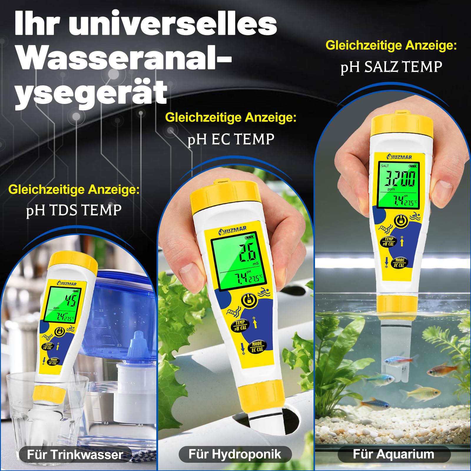 UIUZMAR pH Wert und Chlor Messgerät Pool, 7-in-1 pH Salzgehalt EC TDS ORP Messgerät für Hydroponik Aquarium