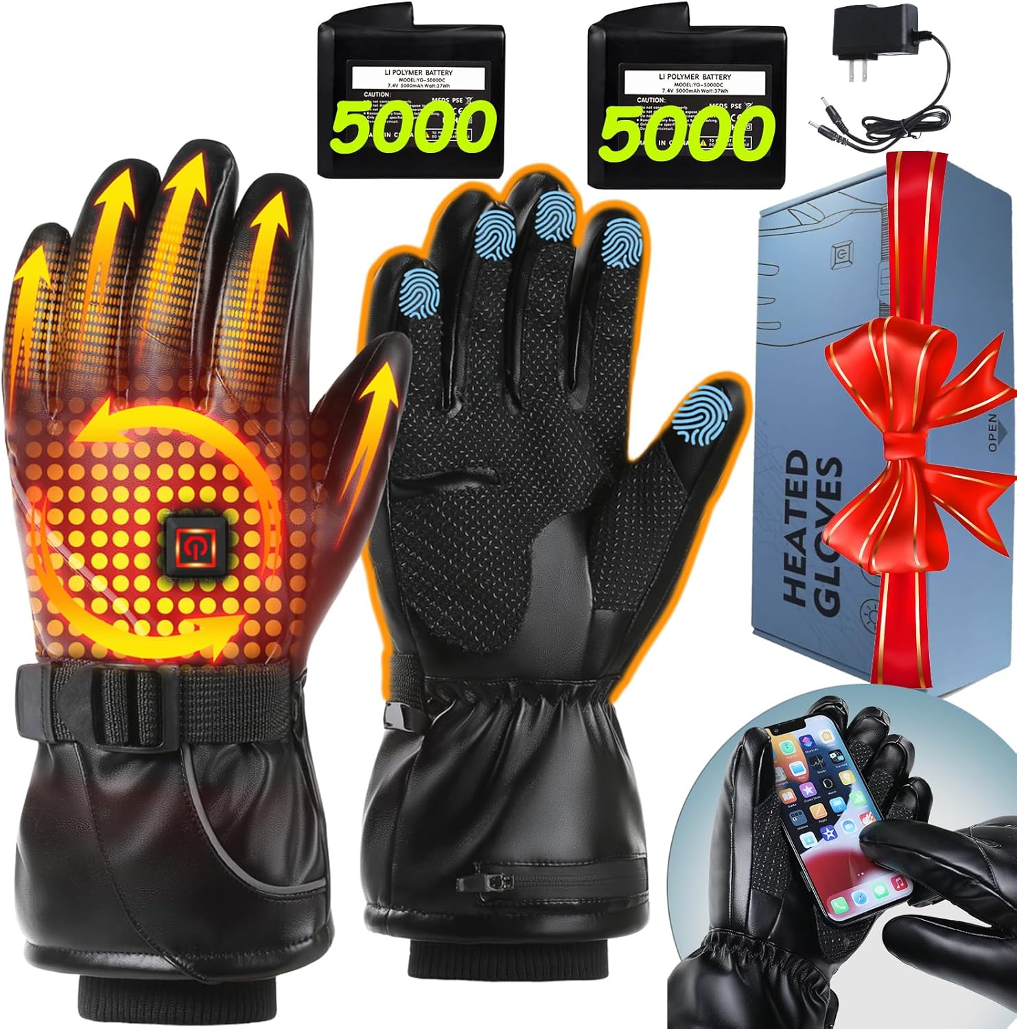 Heated Gloves,9H Working Rechargeable Heated Gloves for Men Women,Waterproof Electric Heating Ski Gloves with Touchscreen for Cold Weather Outdoor Motorcycle Skiing Climbing Hiking Hunting Xmas Gifts