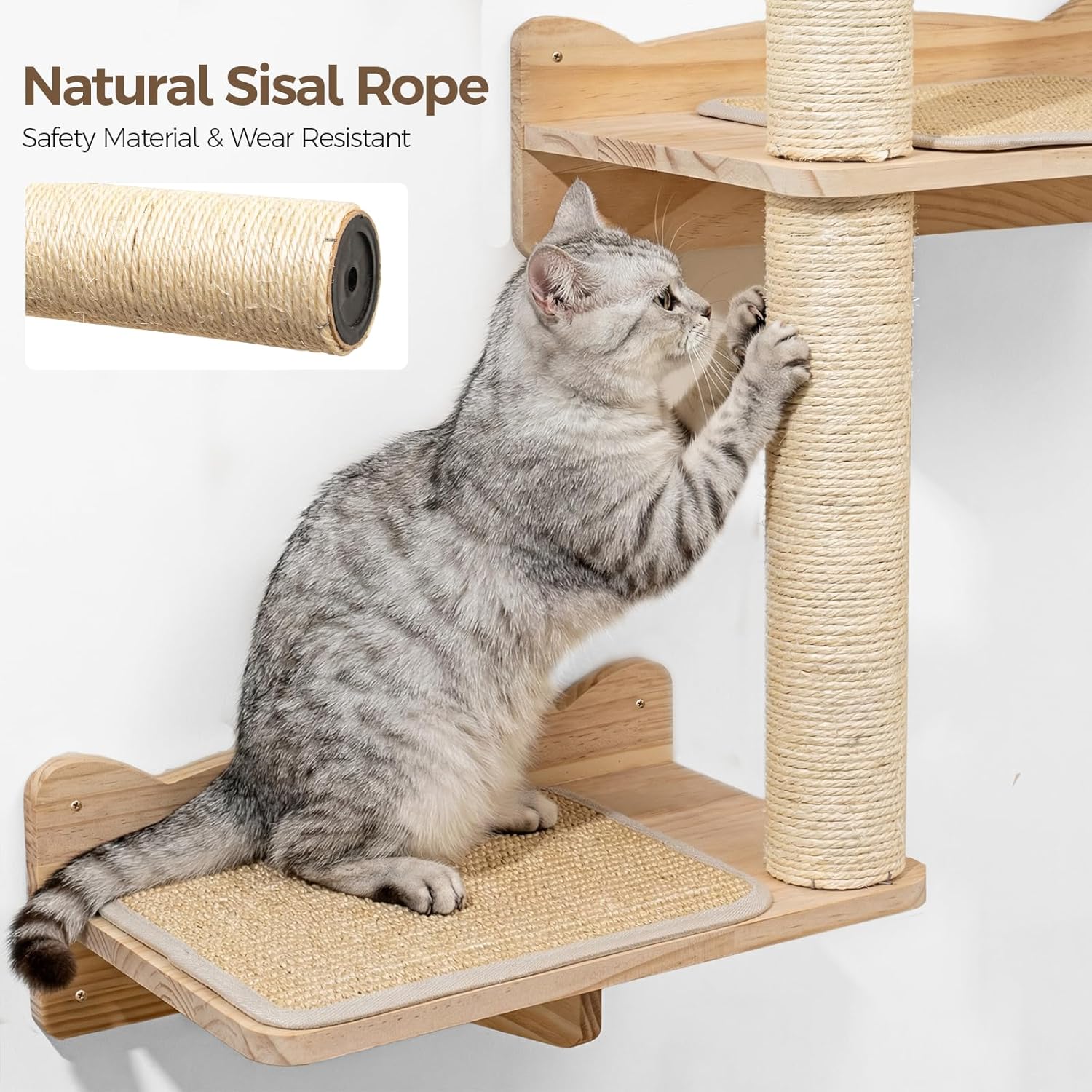 Cat Wall Shelves, 2-Tier Cat Shelves with Sisal Scratching Post, Sisal Mat Solid Pine Wood Wall Mounted Cat Climbing Furniture, Modular Design
