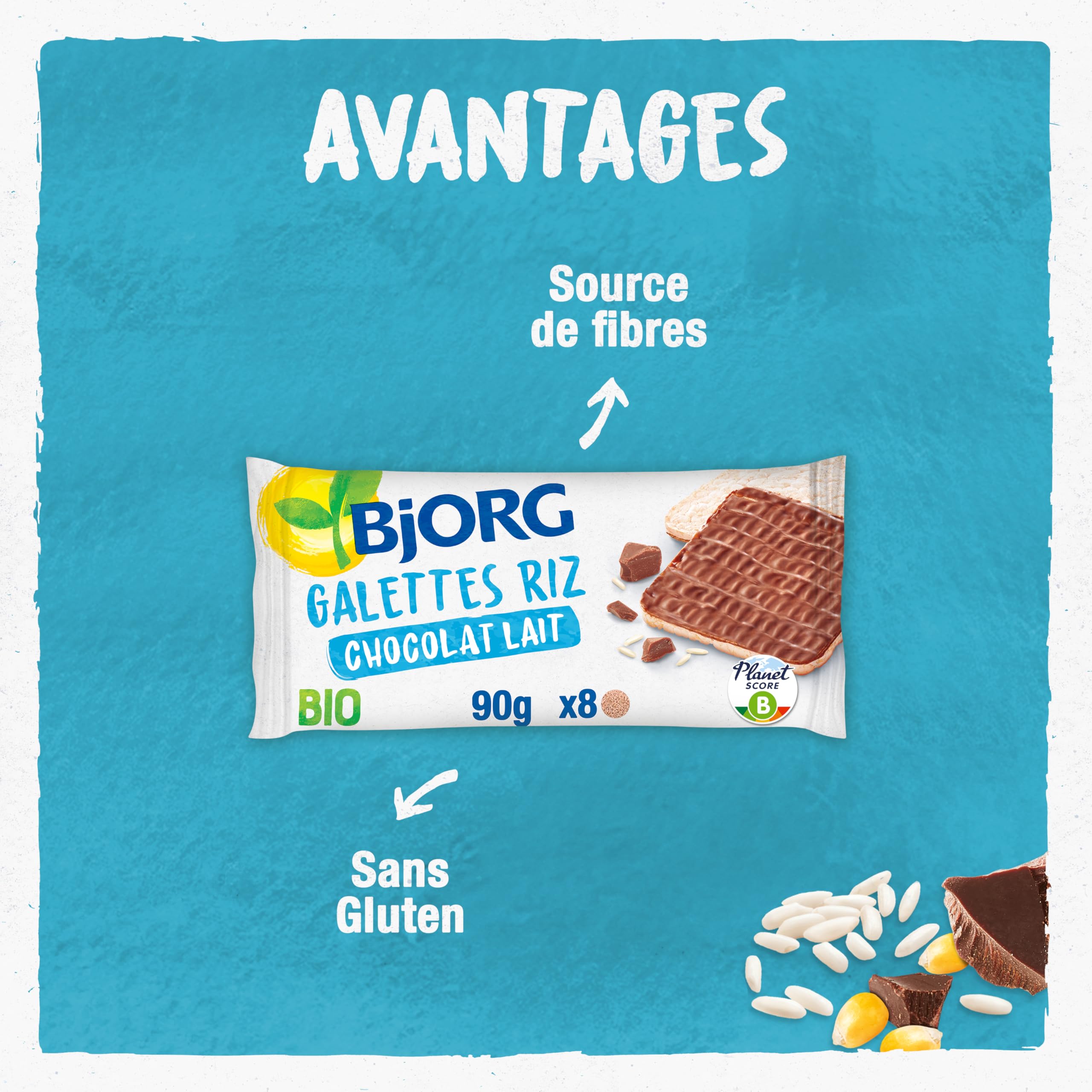 BJORG - Galettes Maïs Riz Chocolat Lait Bio - Sans Gluten - Sources de Fibres - 90 g - lot de 4 (total de 360 g)