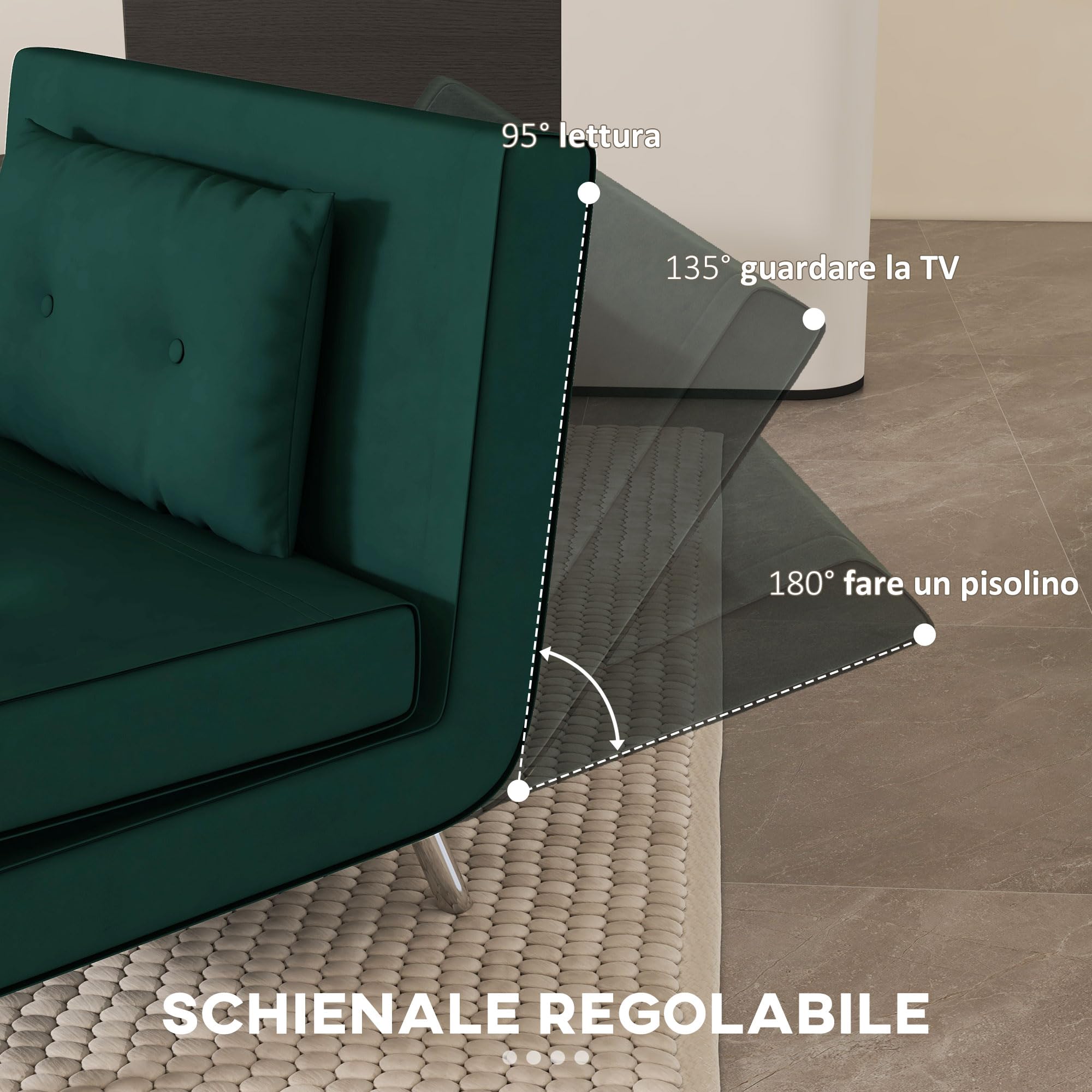 HOMCOM Poltrona Letto Singolo 3 in 1, Poltroncina Reclinabile a 3 Livelli con Rivestimento in Velluto e Cuscino, 100x88x83cm, Verde Scuro