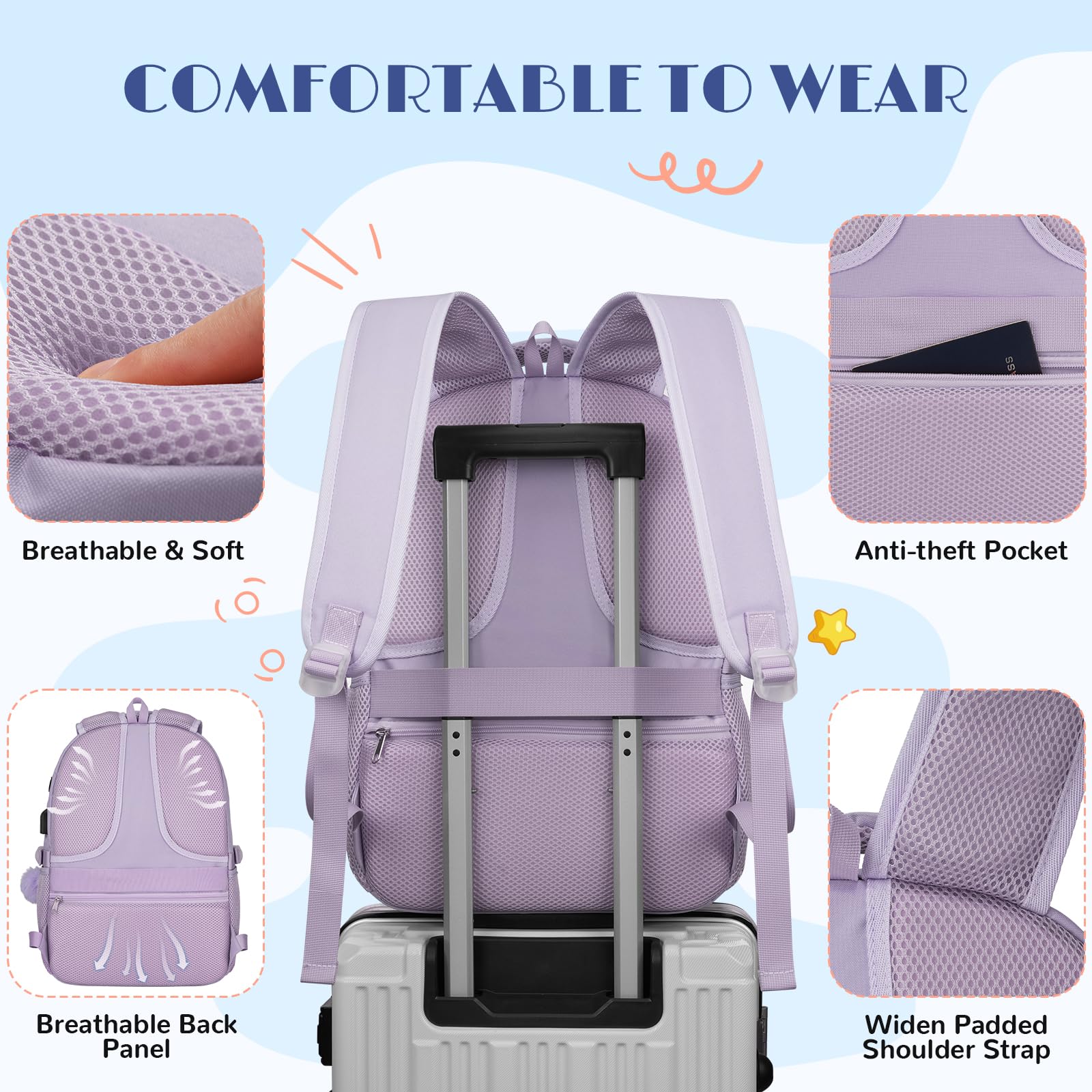 kadilong 17.3 Pouces Sac à Dos Ordinateur Portable 15.6 Pouces Femme,Cartable Scolaire École Collège Lycée Université Fille avec Port de Chargement USB,Sac à Dos Voyage Affaires