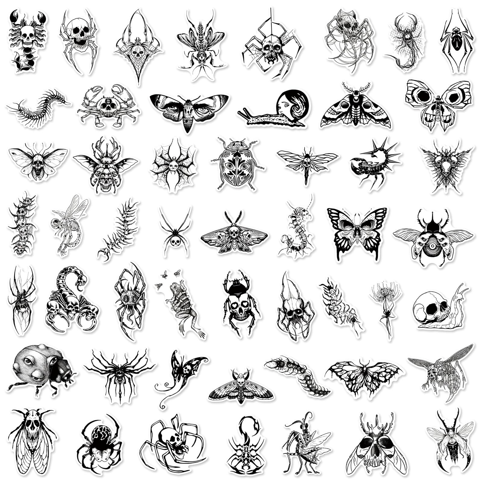 50 Pcs Gothic Insect Stickers Laptop Car Scrapbook Phone Skateboard Suitcase Luggage Bike Black and White Vinyl Waterproof Aesthetic Personalised Stickers for Teens Boys Girls Adults - Image 3