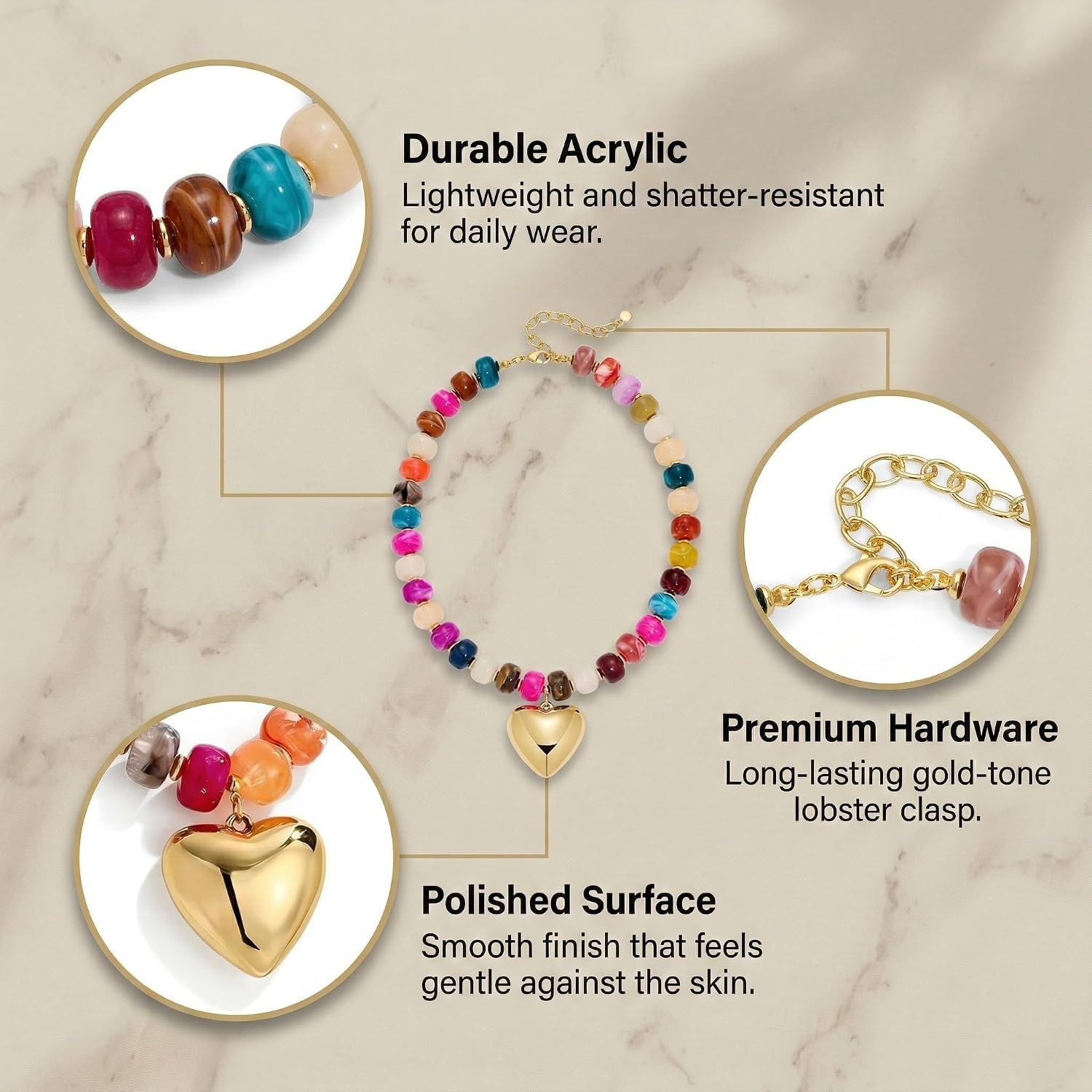 Colorful Chunky Beaded Necklace For Women Trendy Statement Jewelry With Gold Puffy Heart Pendant Boho Acrylic Resin Beads Choker An Ideal Present For Her