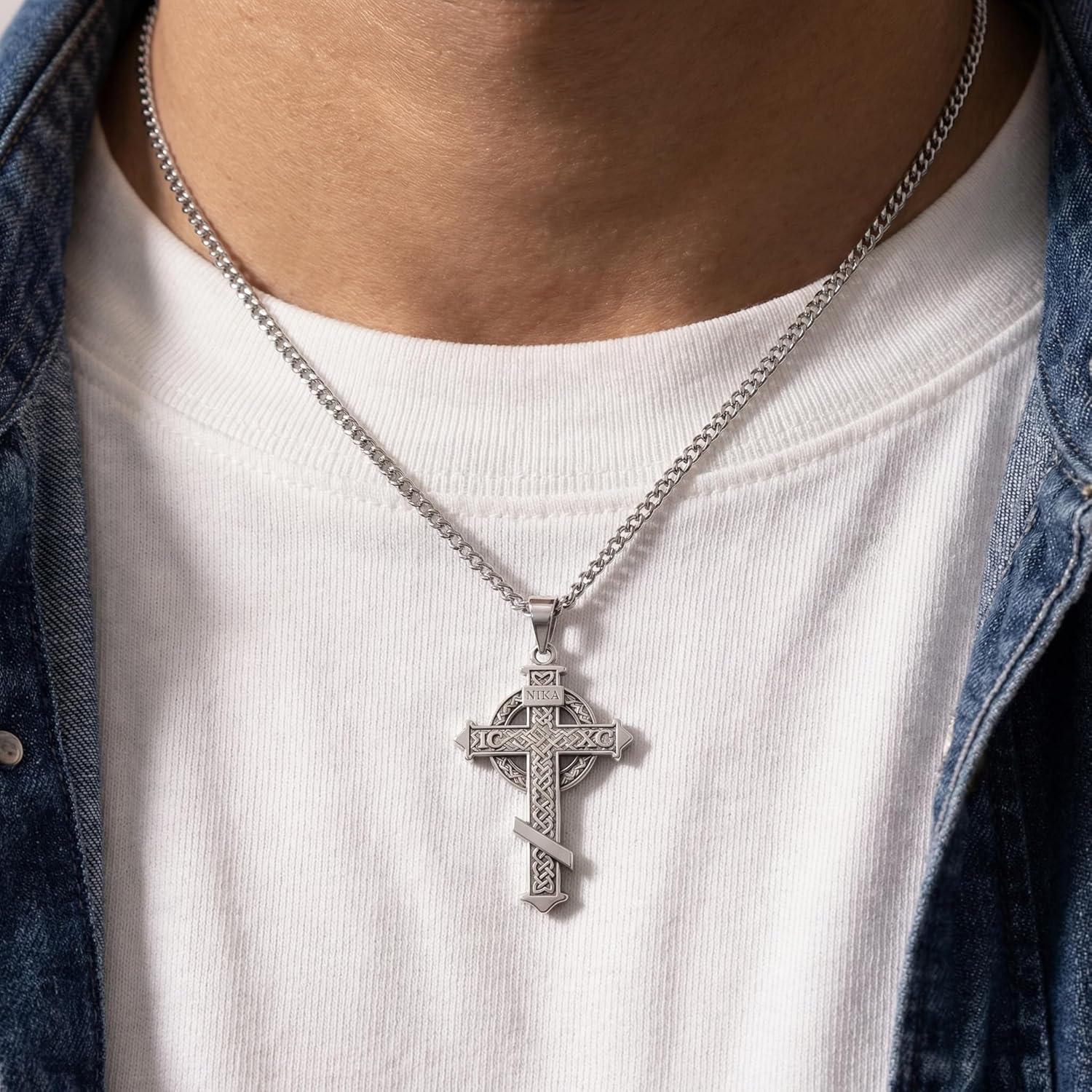 925 Sterling Silver Orthodox Cross Necklace, Crucifix Pendant Eastern Orthodox & Catholic Byzantine NIKA Jesus Cross Necklace for Men Religious Jewelry