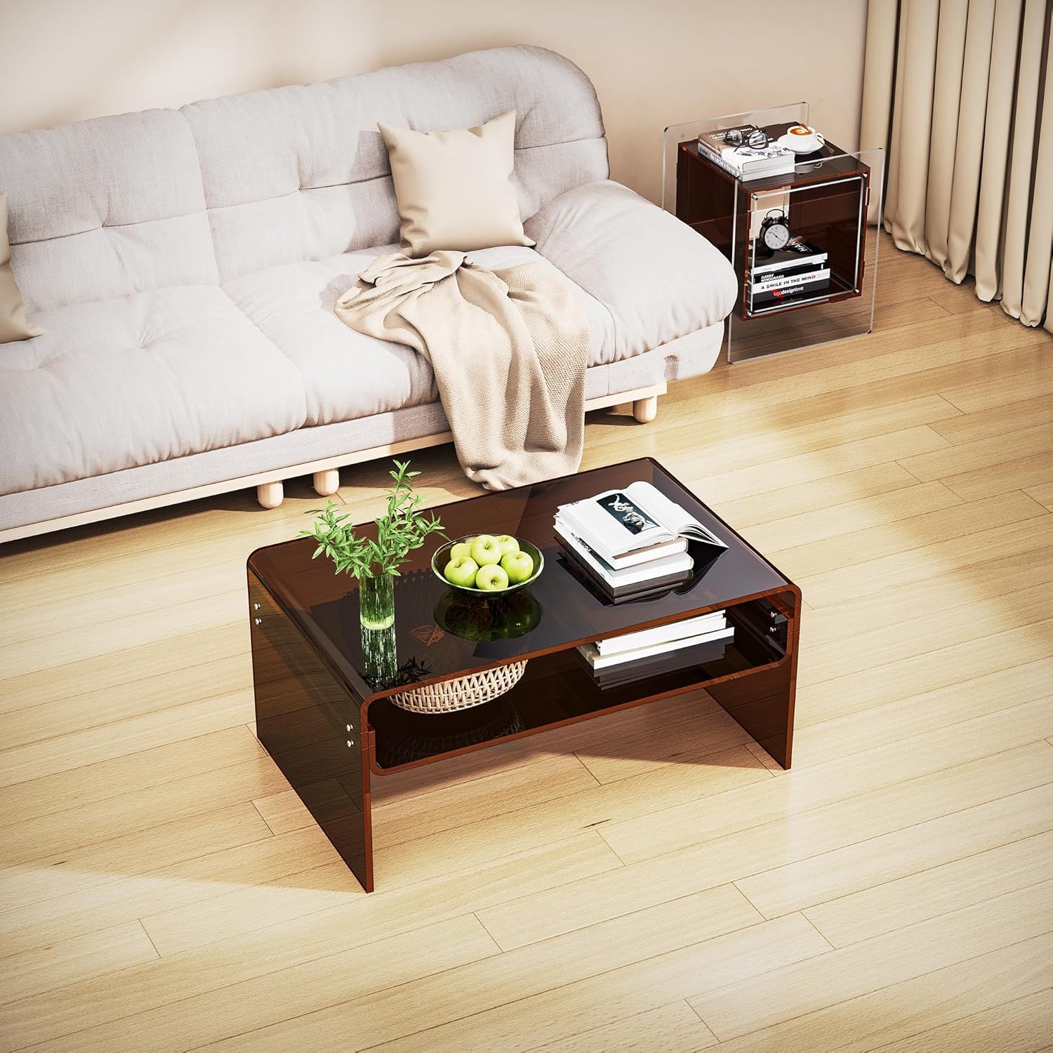 Acrylic Coffee Table for Living Room Clear Rectangle Lucite Table with Open Storage Shelf (1, Dark Brown, Large) Large Dark Brown 1