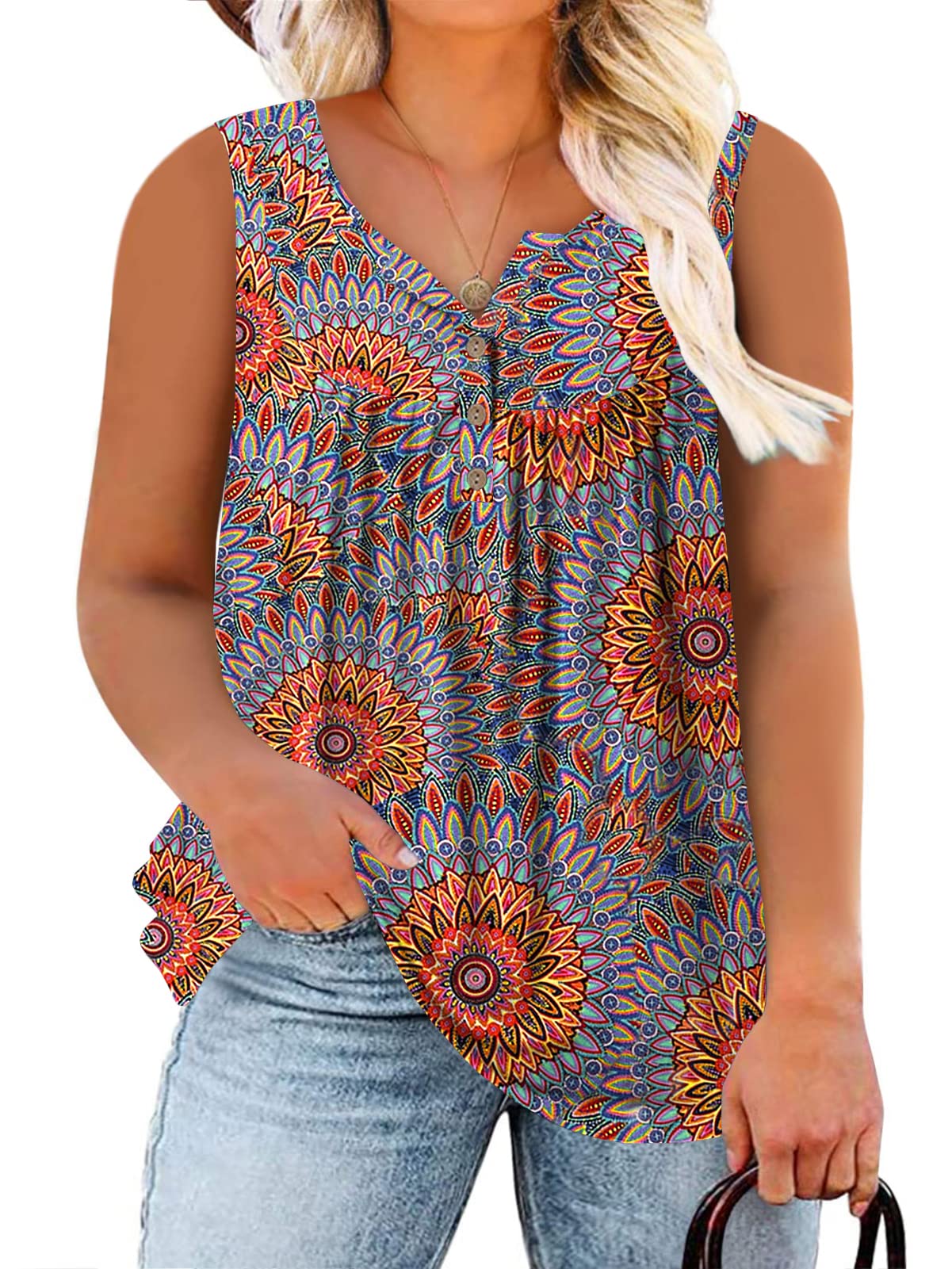 ROSRISSPlus Size Tank Tops for Women Summer V-Neck Sleeveless Henley Shirts Buttons Up Loose Fit Pleated Flowy Tunics