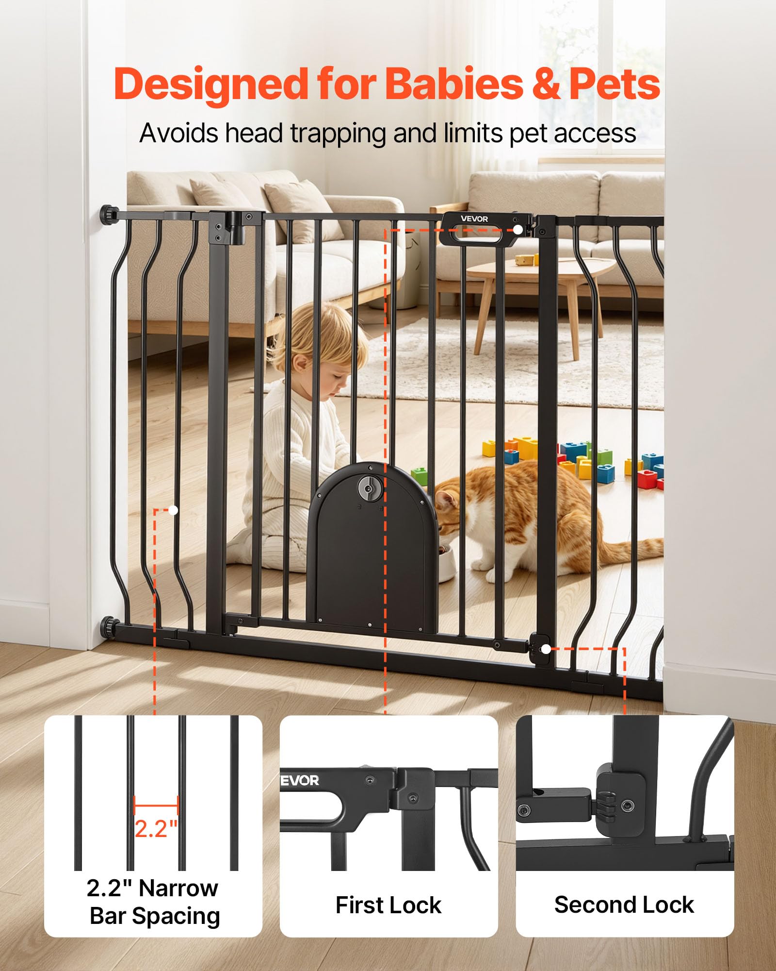 VEVOR Barrera de Seguridad para Niños, 76 cm x 75-111 cm, Valla de Seguridad Infantil con Puerta Ajustable para Gatos, Bloque Doble y Apertura en Dos Sentidos, para Escaleras Hogar, Color Negro