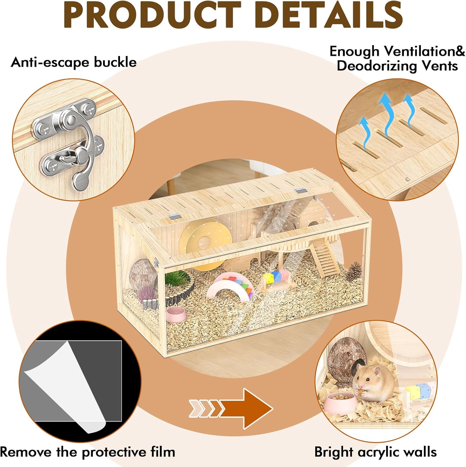 XiaZ Large Hamster Cage,40 Inch Wooden Hamster Cage with Panoramic View and Ventilated Top, Spacious Acrylic Glass Habitat for Syrian Dwarf Hamsters and Degus, Natural Wood Frame Enclosure