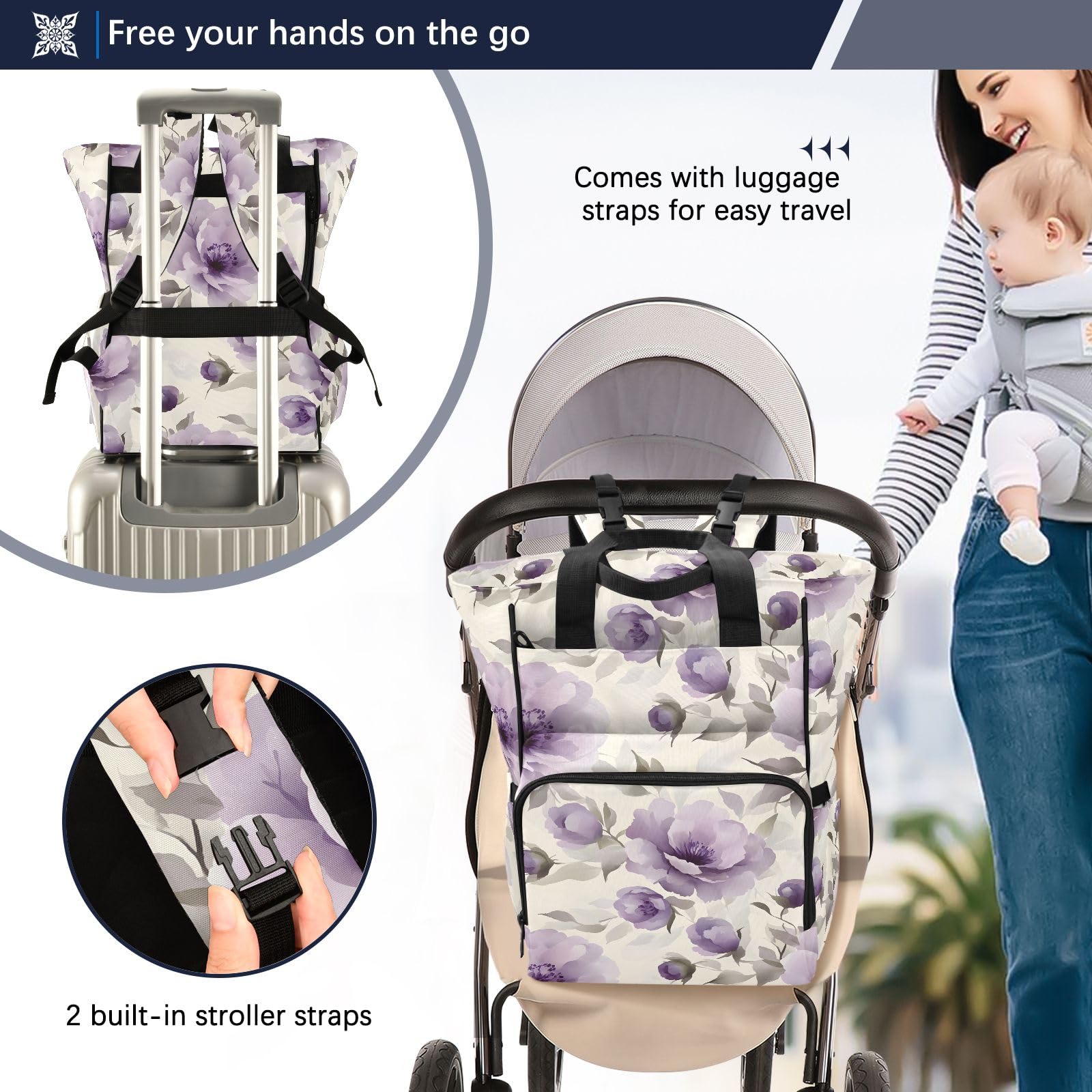 Mnsruu Borsa per pannolini per bambini con motivo floreale viola pallido borsa grande borsa impermeabile da viaggio borse per pannolini per mamme e papà