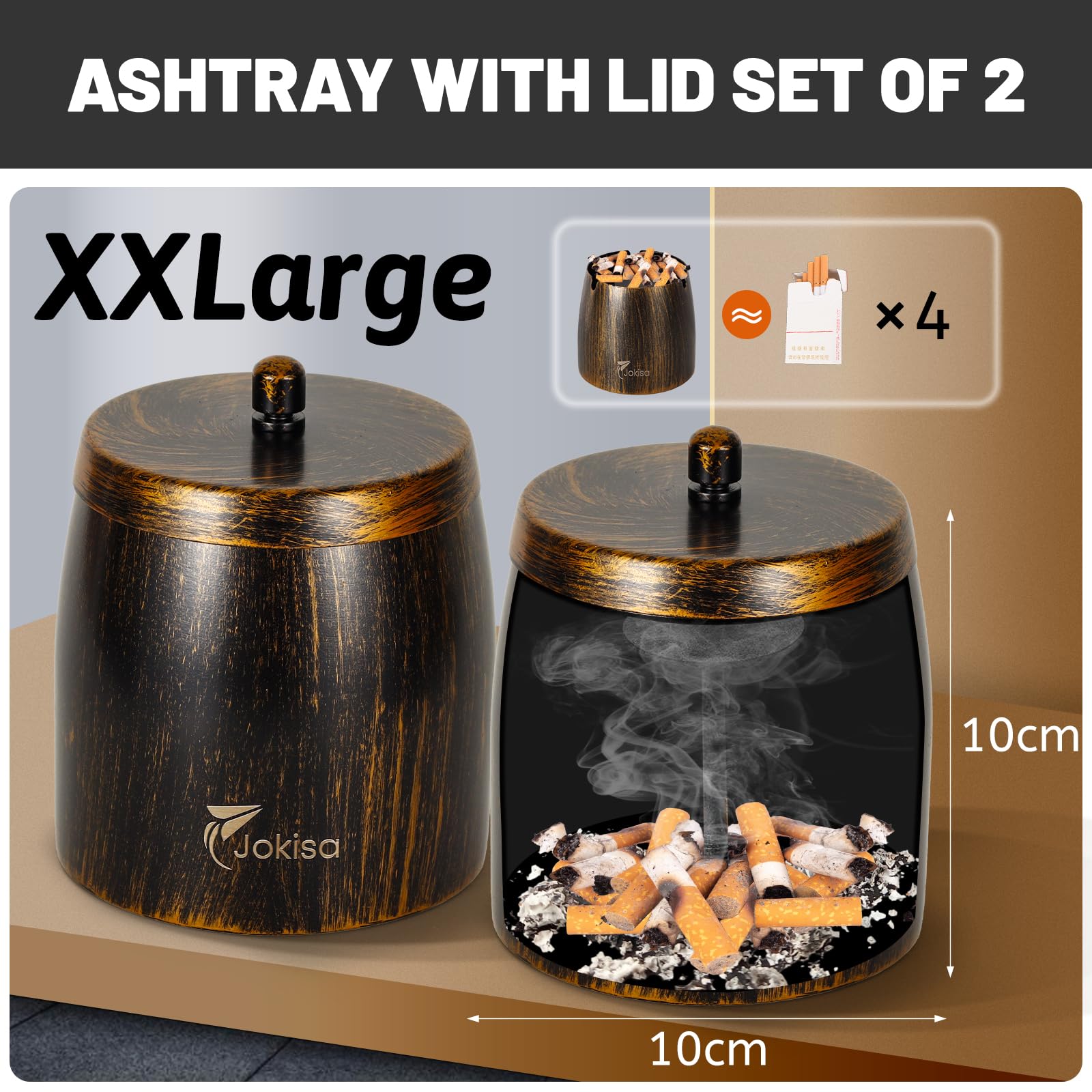 Posacenere Retrò in Acciaio Inox Set di 2 XXL con Coperchio Antiscivolo per Esterno