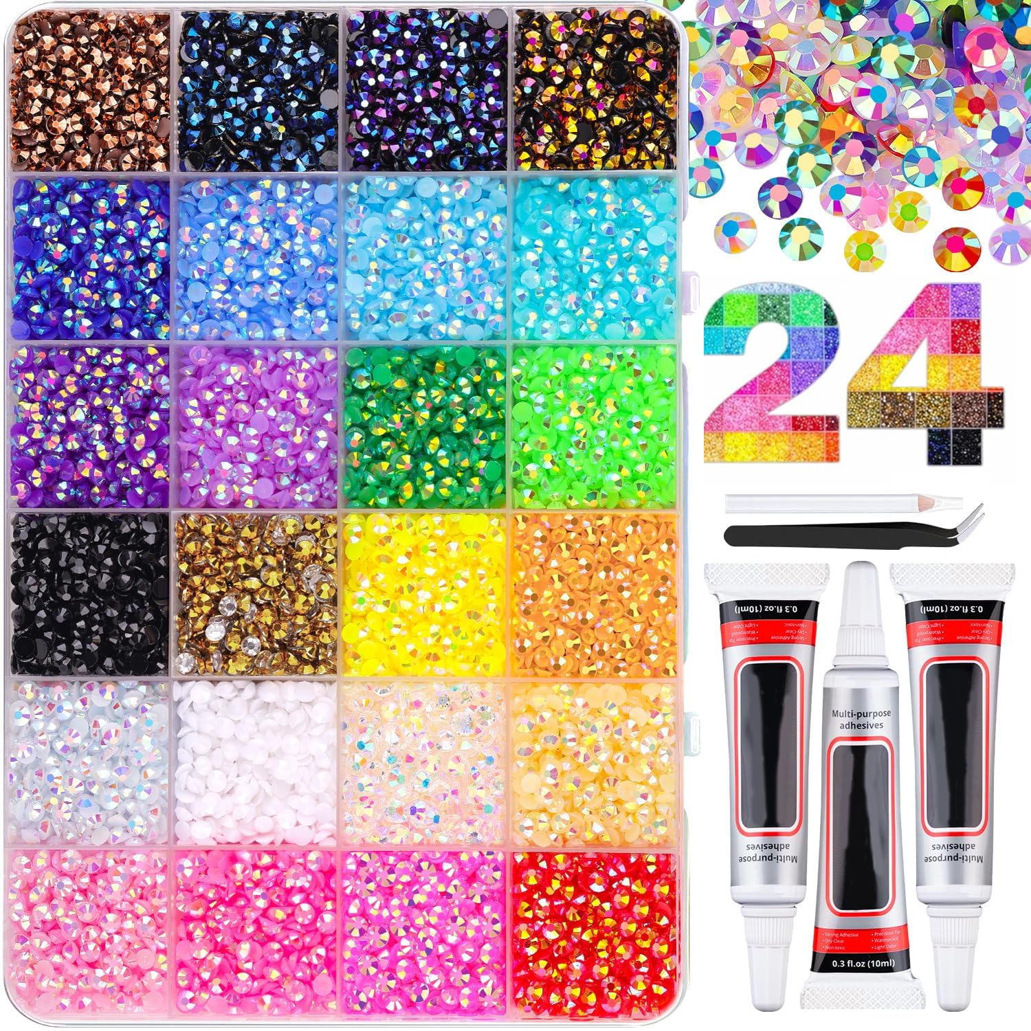 Bedazzling Kit with Glue and Pen, 24 Colors Bedazzle Rhinestone Kit, Multicolor Flatback Rainbow Gems for DIY Crafting, Rhinestones Bedazzler Kits for Clothing Shoes Nail Book Diamond Art