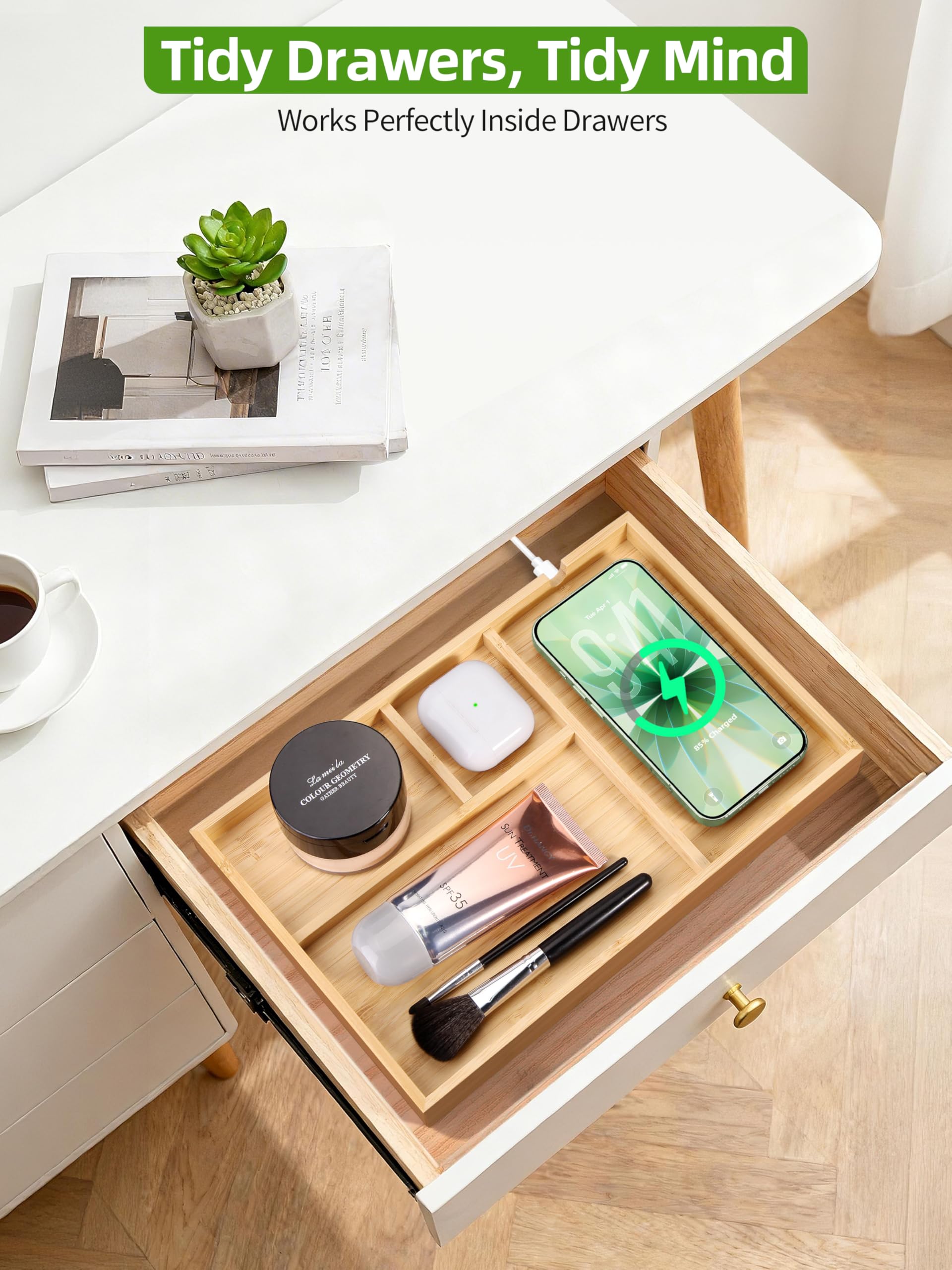 Bambus-Tablett und Nachttisch-Organizer mit 2-in-1 kabellosem Ladegerät für iPhone, Samsung und AirPods, Schreibtischzubehör für Männer/Frauen
