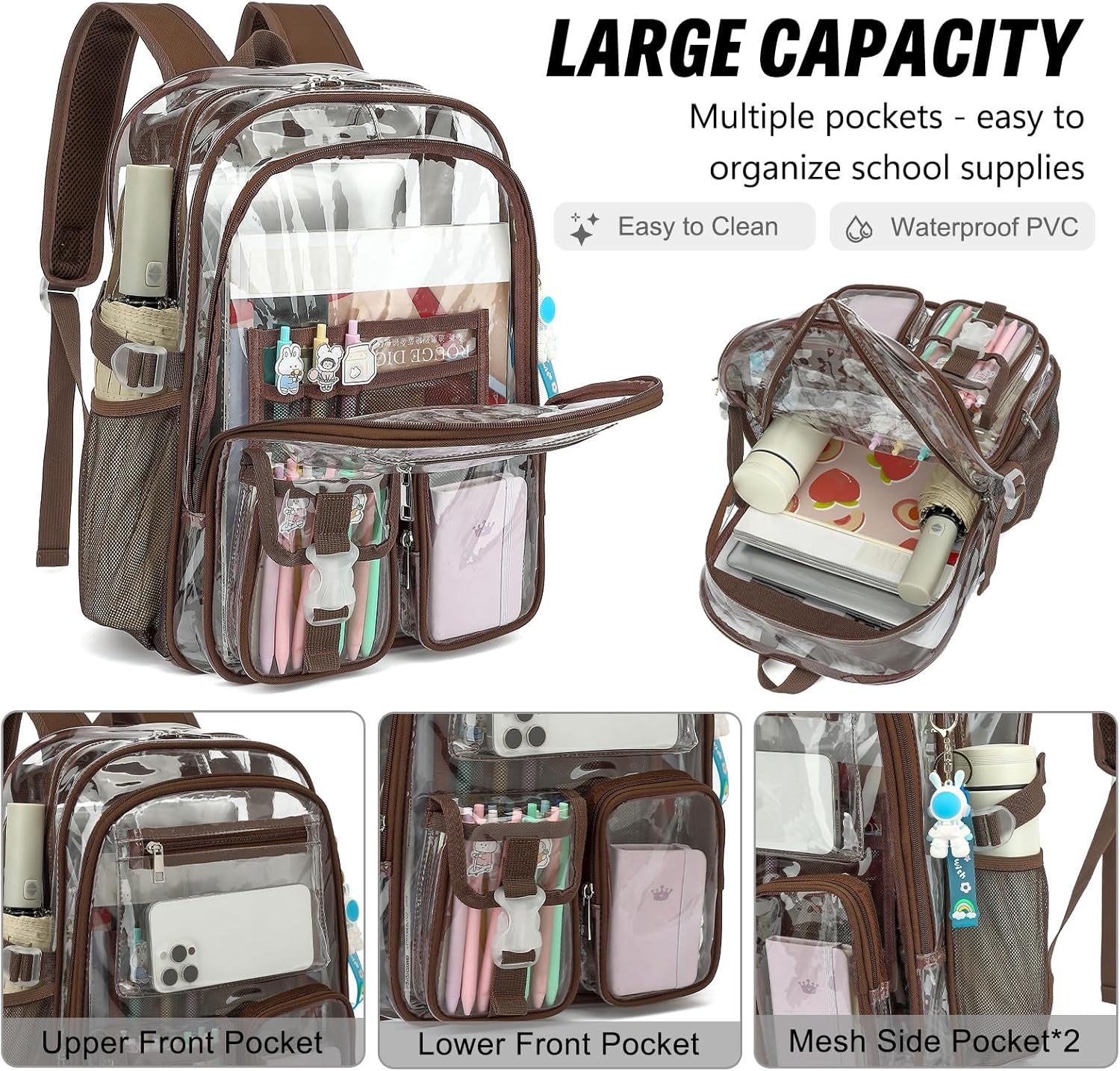 Clear Backpack Heavy Duty Transparent Backpacks Stadium Approved for School Work Sport Travel (Coffee)